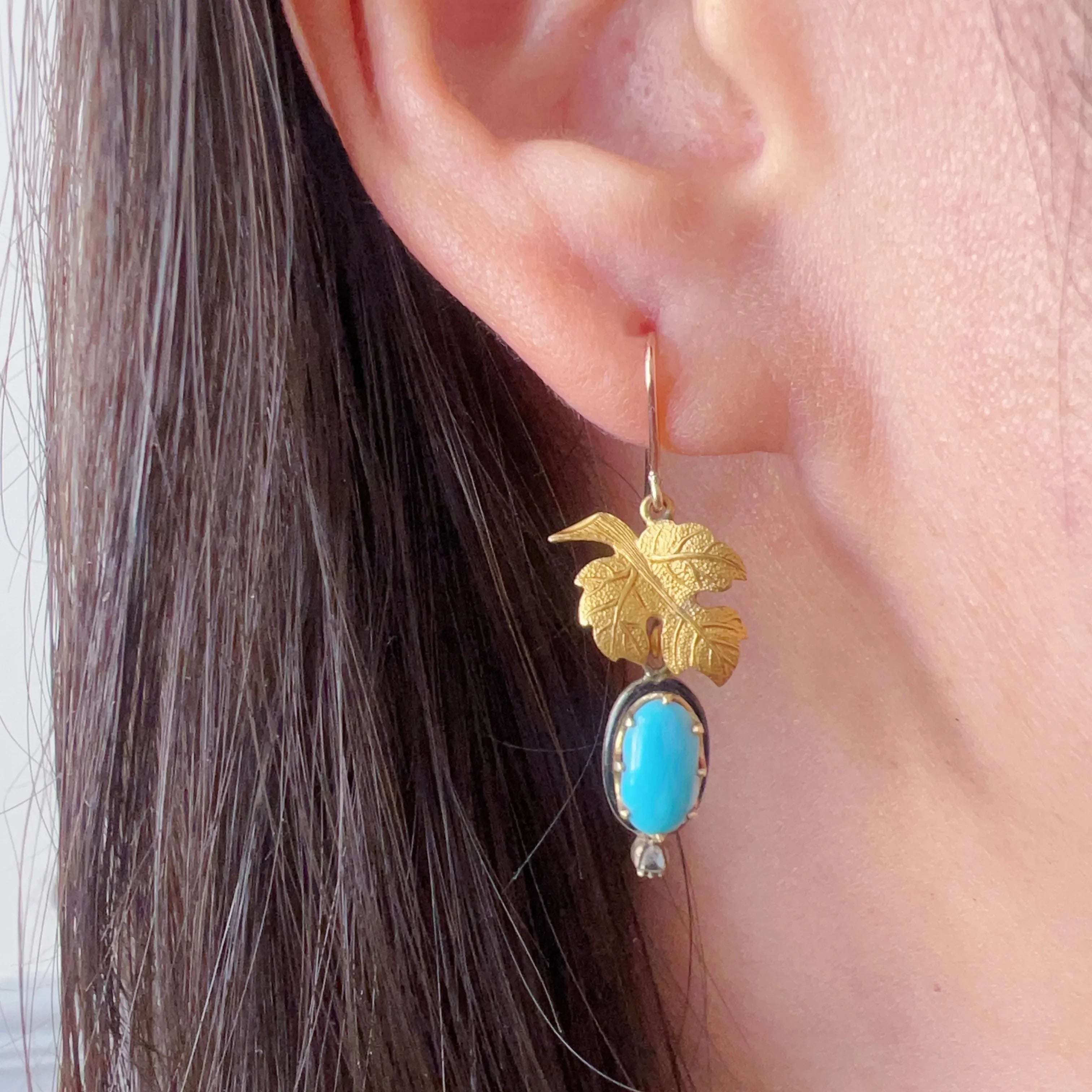 Antique 18K gold turquoise diamond maple leafs earrings