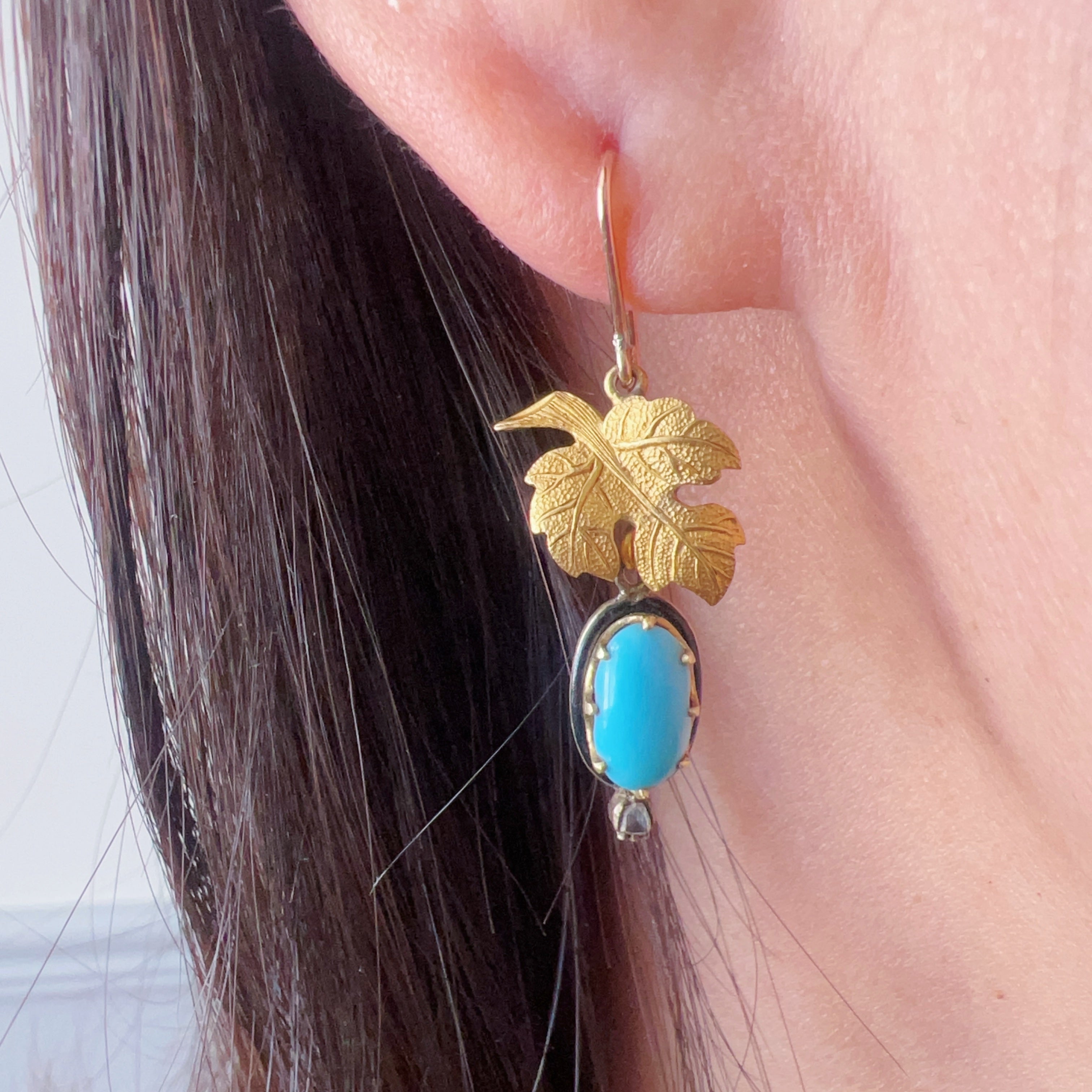 Antique 18K gold turquoise diamond maple leafs earrings