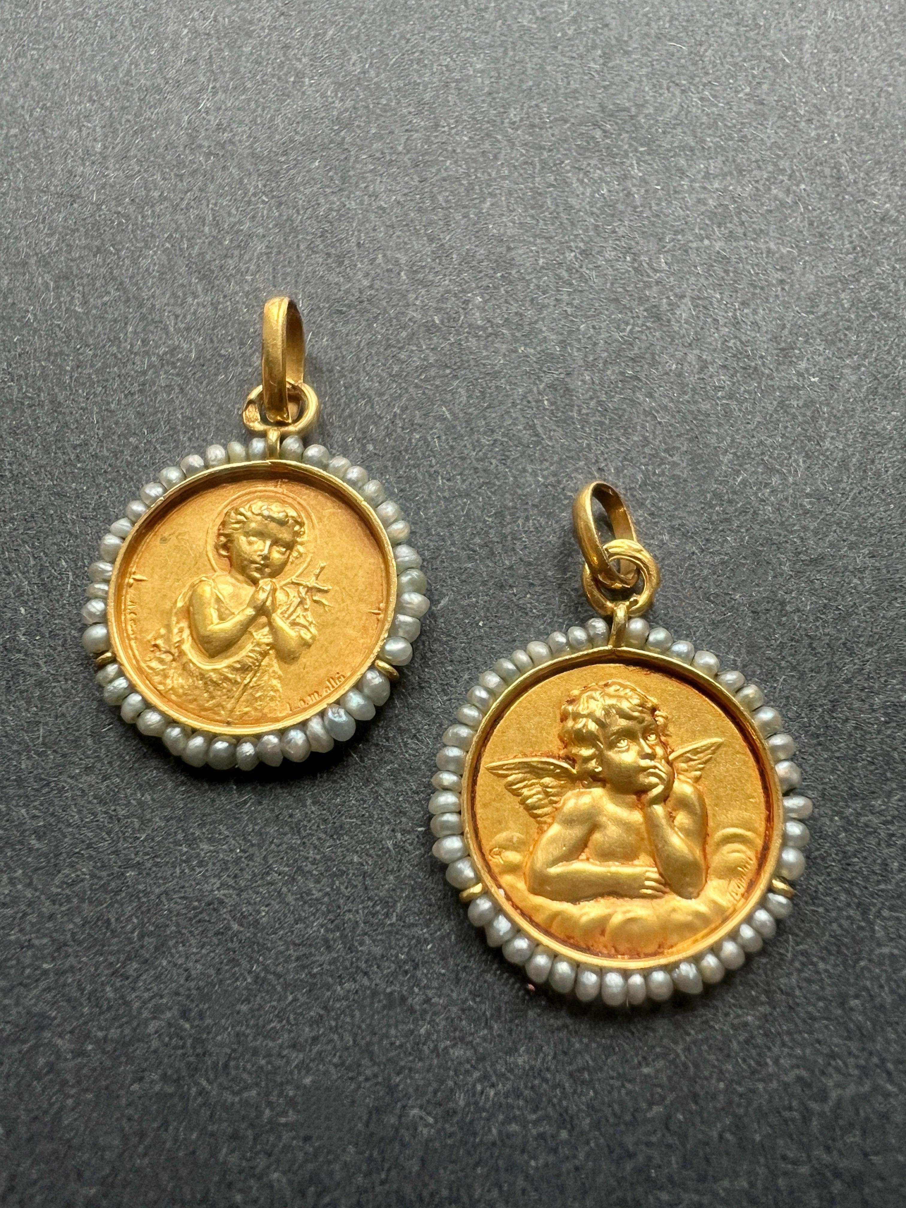 Antique 18K gold signed medal pendant John the Baptist