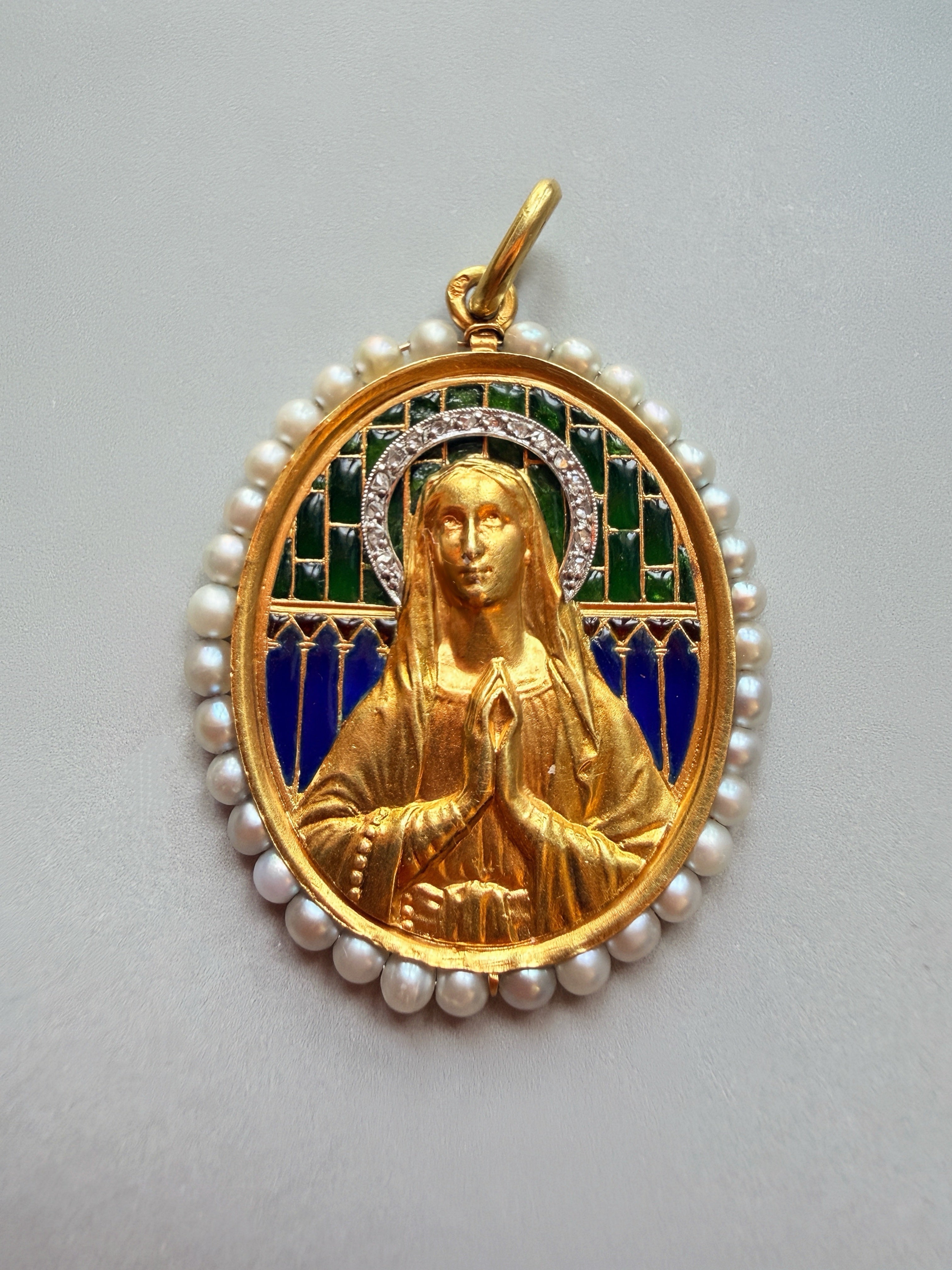 Antique 18K gold diamond pearl plique a jour enamel Virgin Mary medal pendant