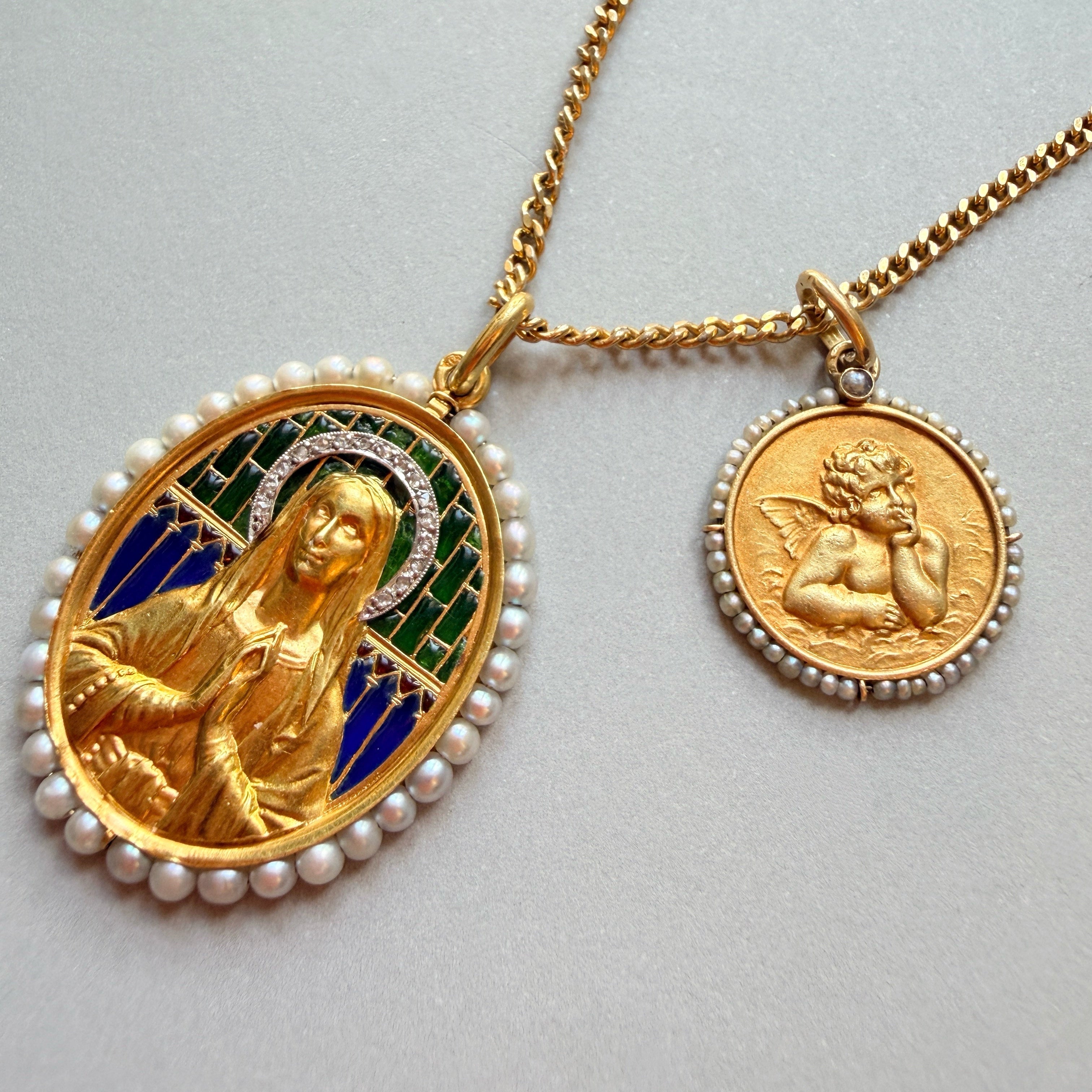 Antique 18K gold diamond pearl plique a jour enamel Virgin Mary medal pendant