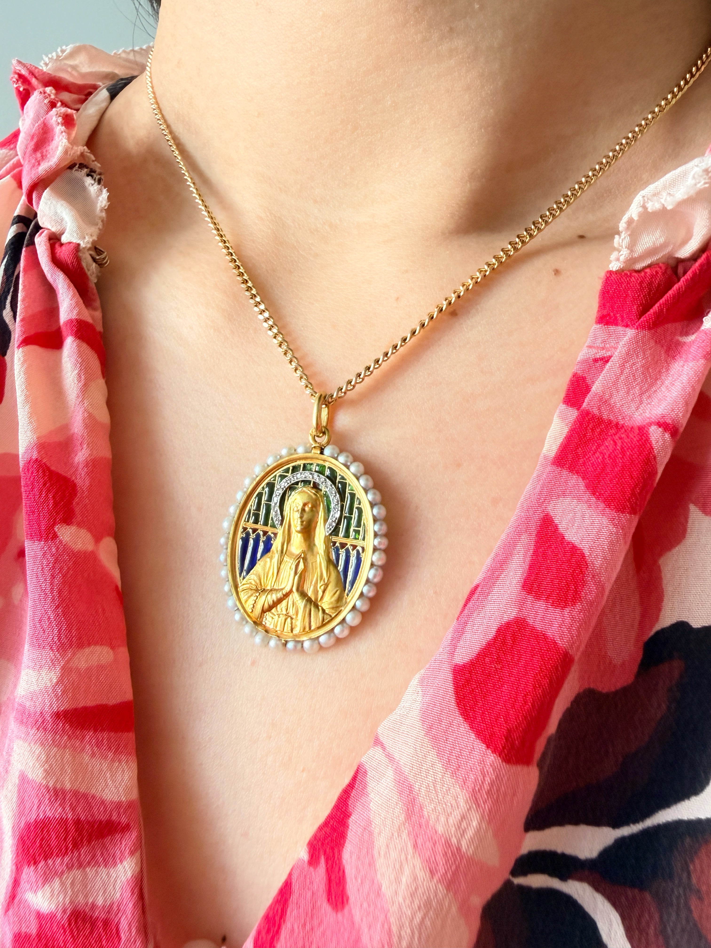 Antique 18K gold diamond pearl plique a jour enamel Virgin Mary medal pendant