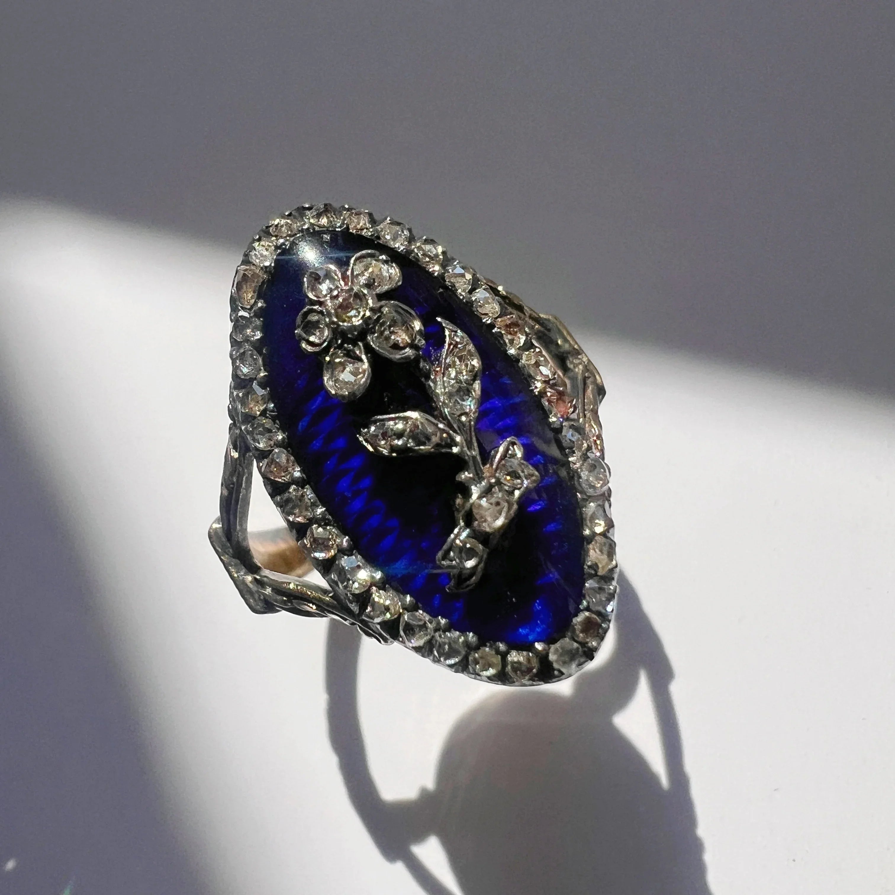Georgian 18K Gold Blue Enamel & Diamond Flower ring