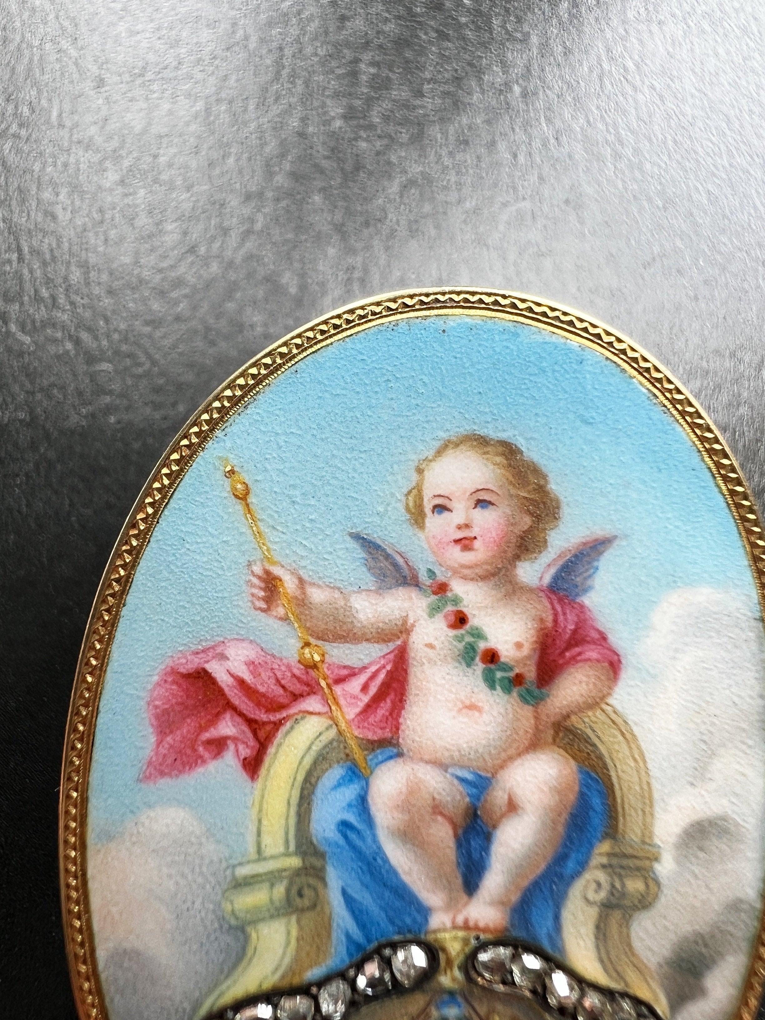 Victorian era 18K gold cherub in majesty enamel diamond brooch - Curiously timeless