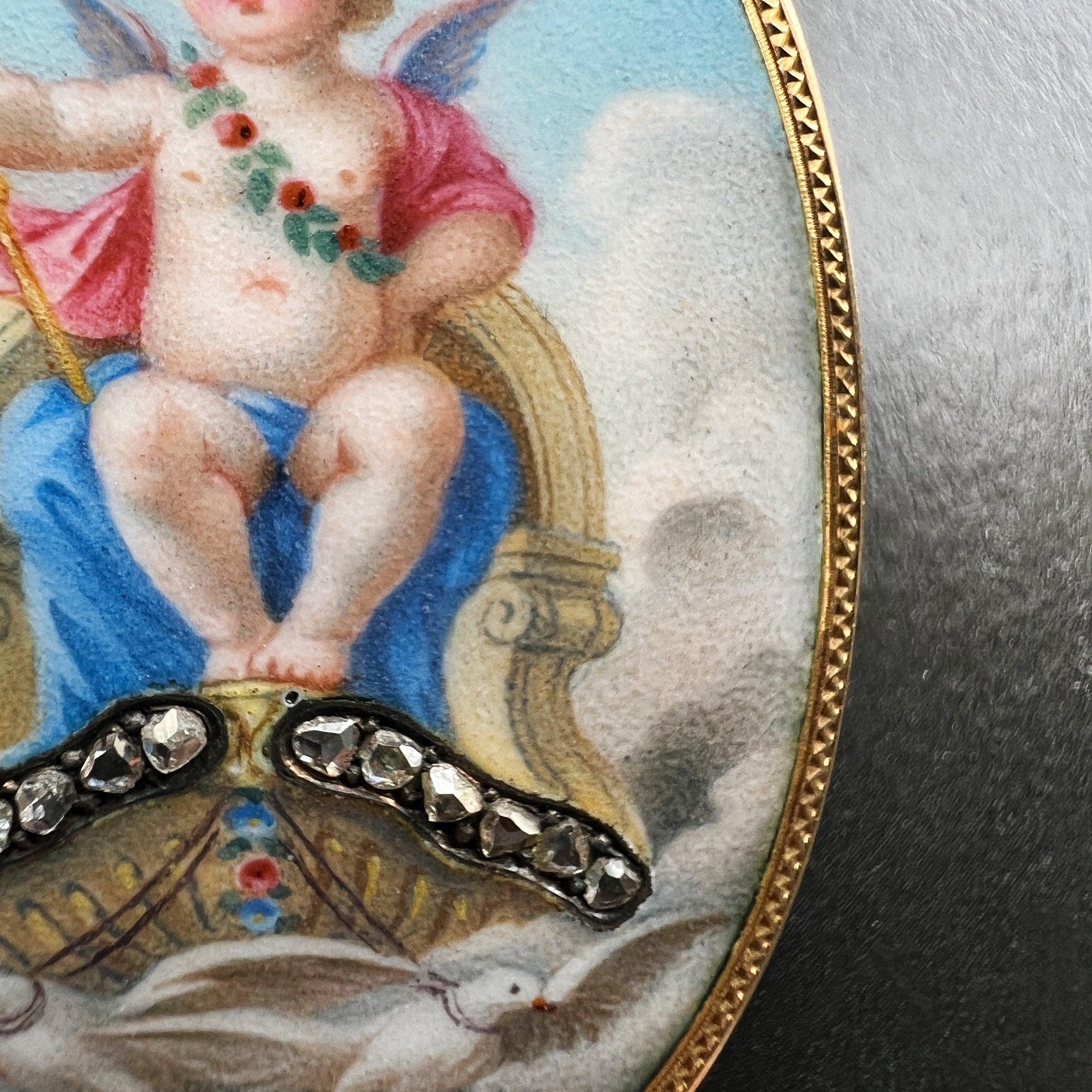 Victorian era 18K gold cherub in majesty enamel diamond brooch - Curiously timeless