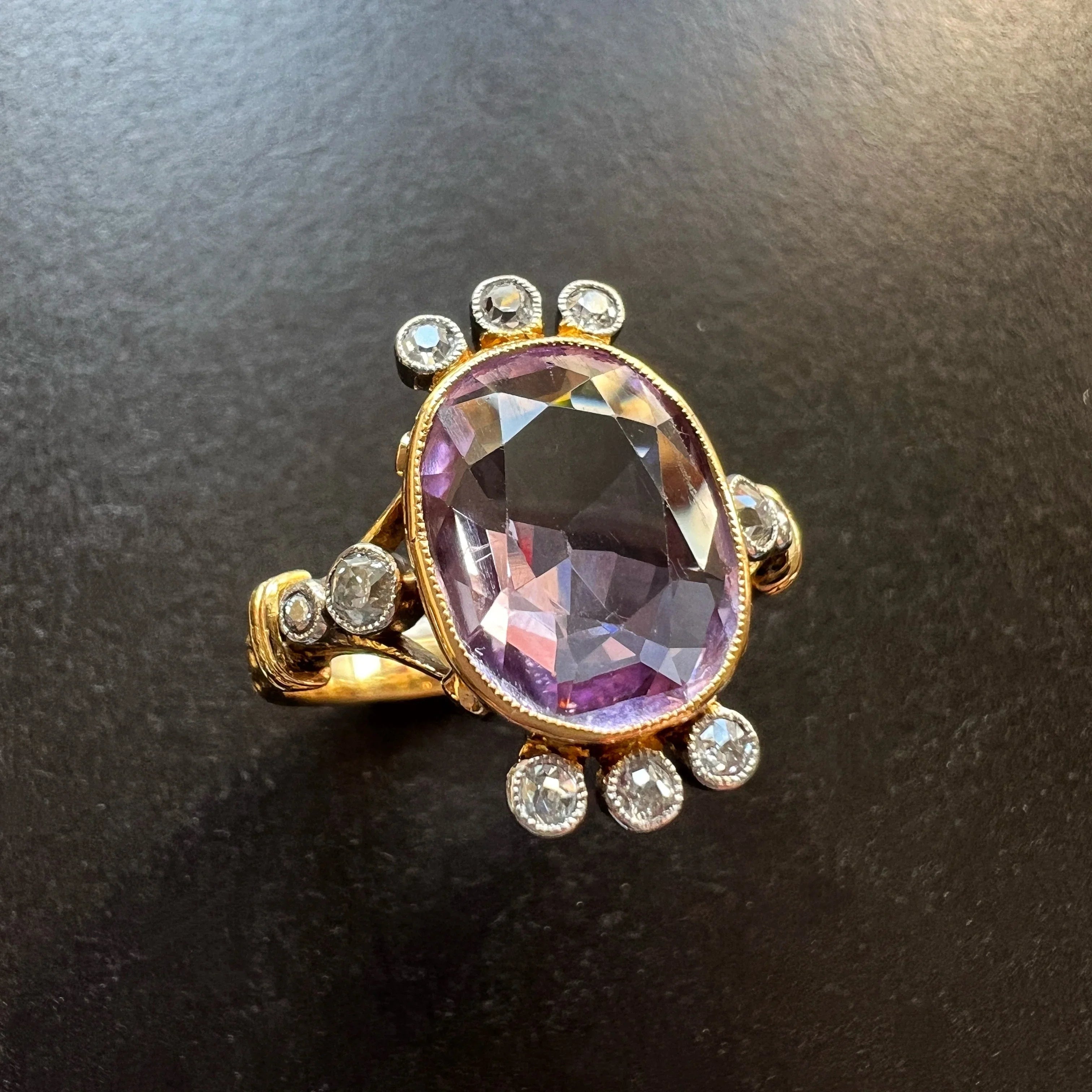 Georgian 18K Gold Blue Enamel & Diamond Flower ring