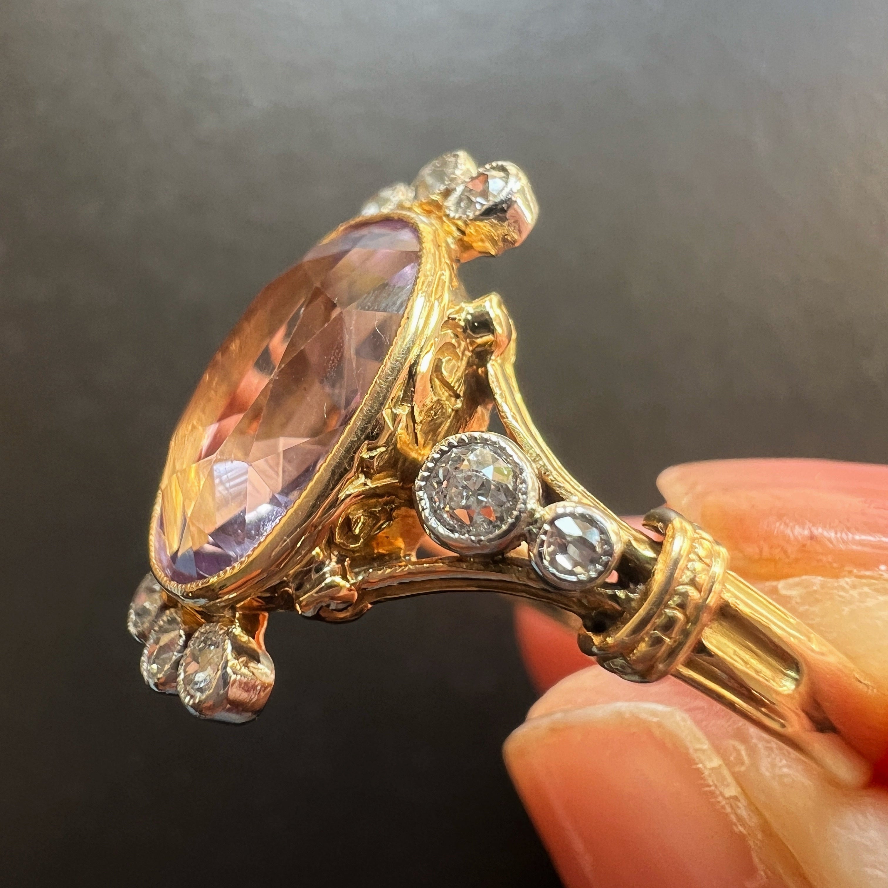 Georgian 18K Gold Blue Enamel & Diamond Flower ring
