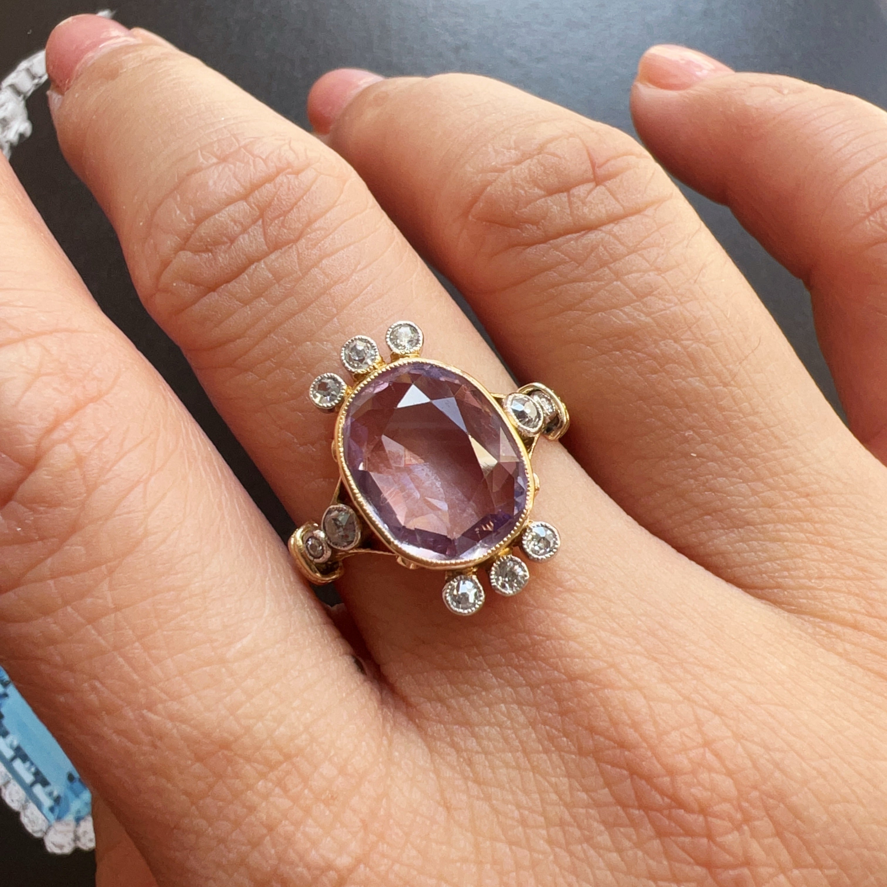 Georgian 18K Gold Blue Enamel & Diamond Flower ring