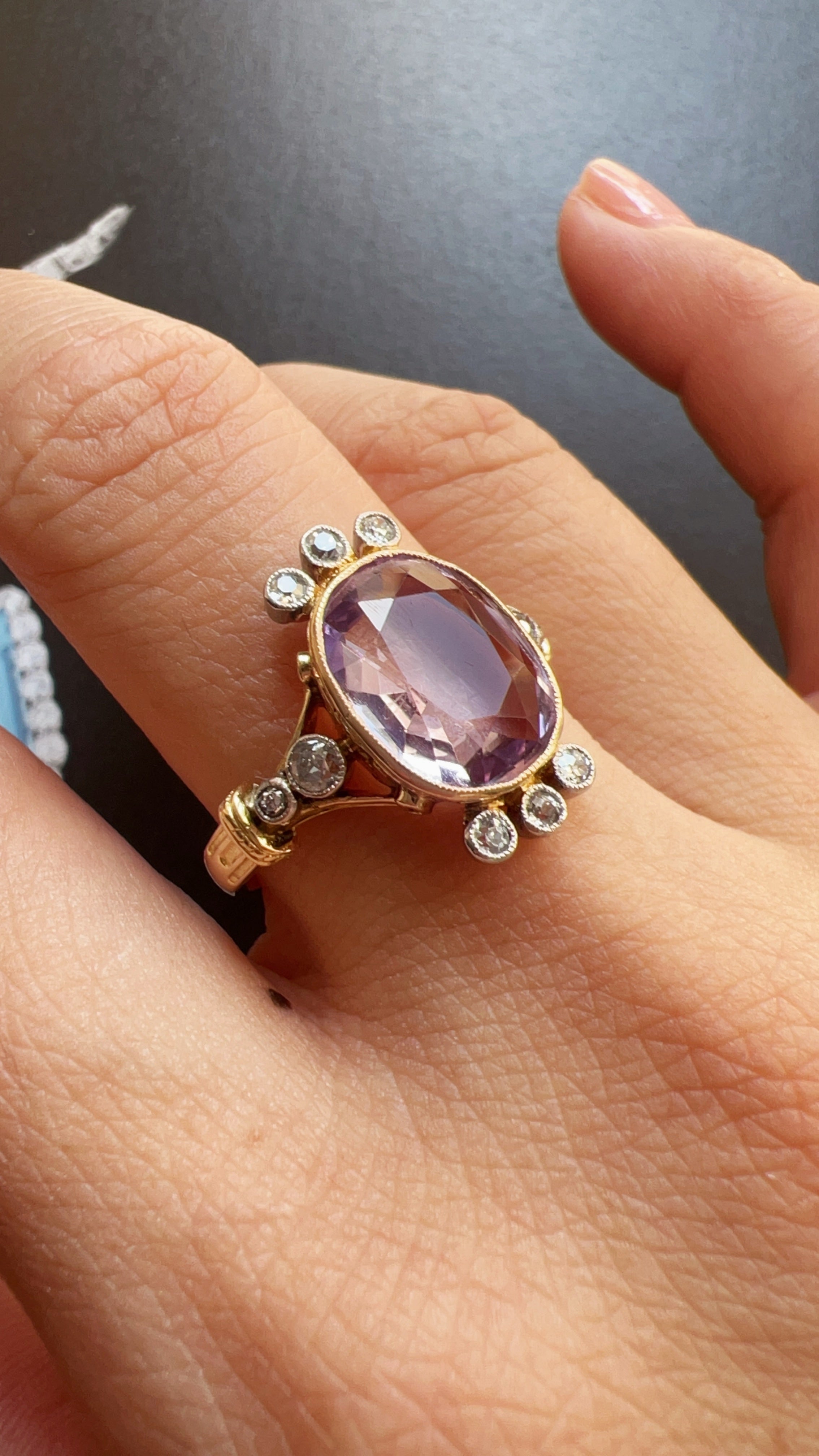 Georgian 18K Gold Blue Enamel & Diamond Flower ring