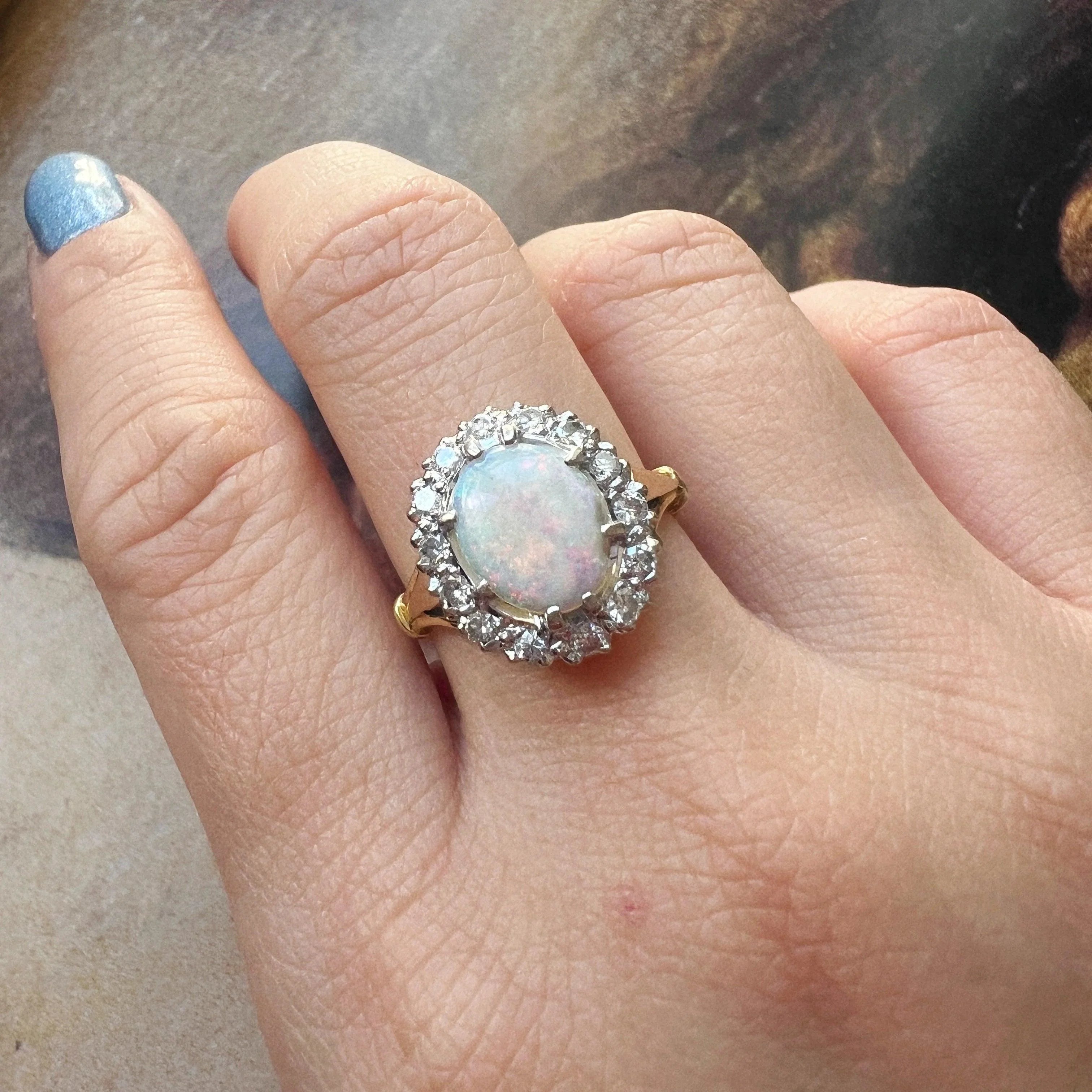 Antique 18K gold opal diamond cluster ring - Curiously timeless