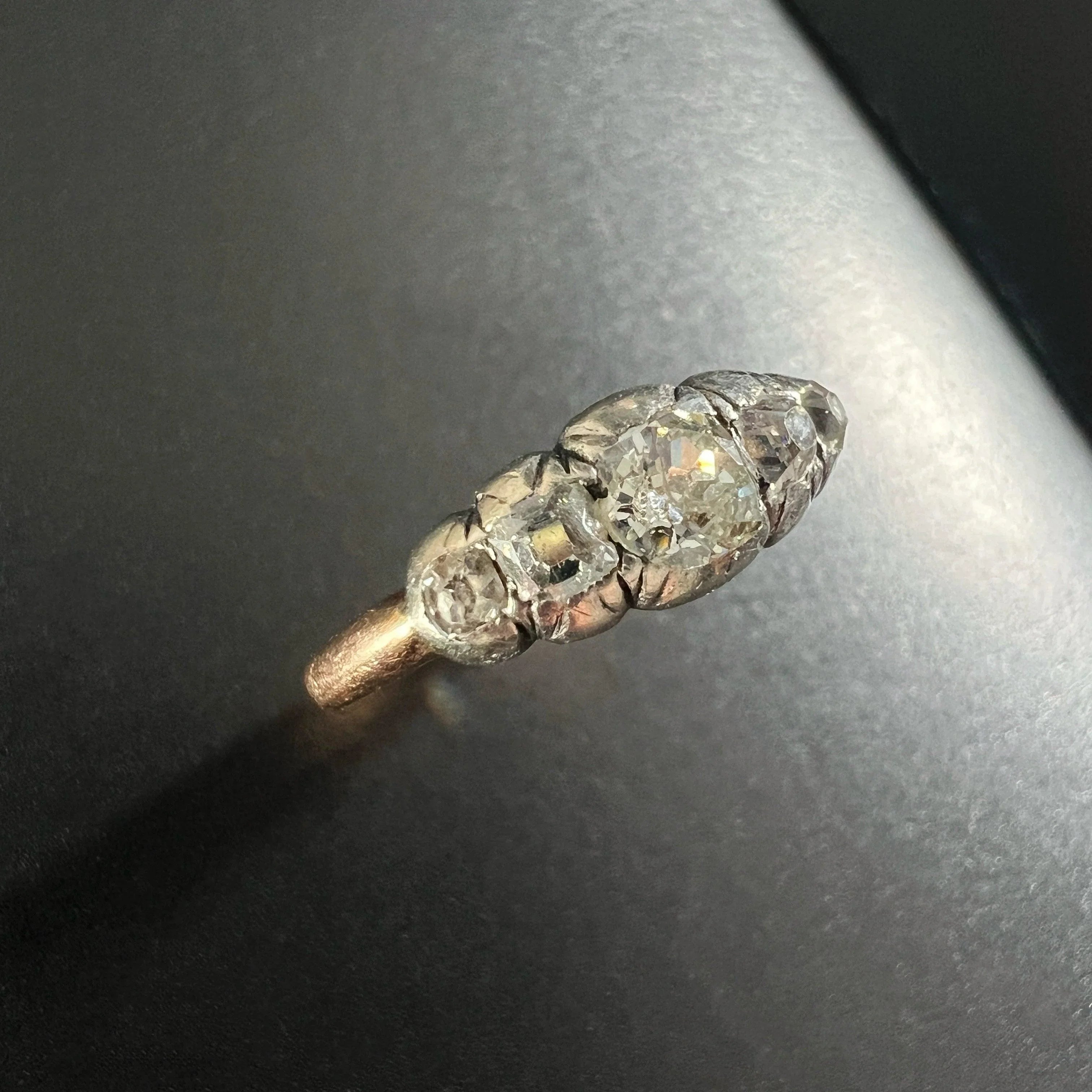 Antique 18K gold old mine cut diamond half hoop ring - Curiously timeless