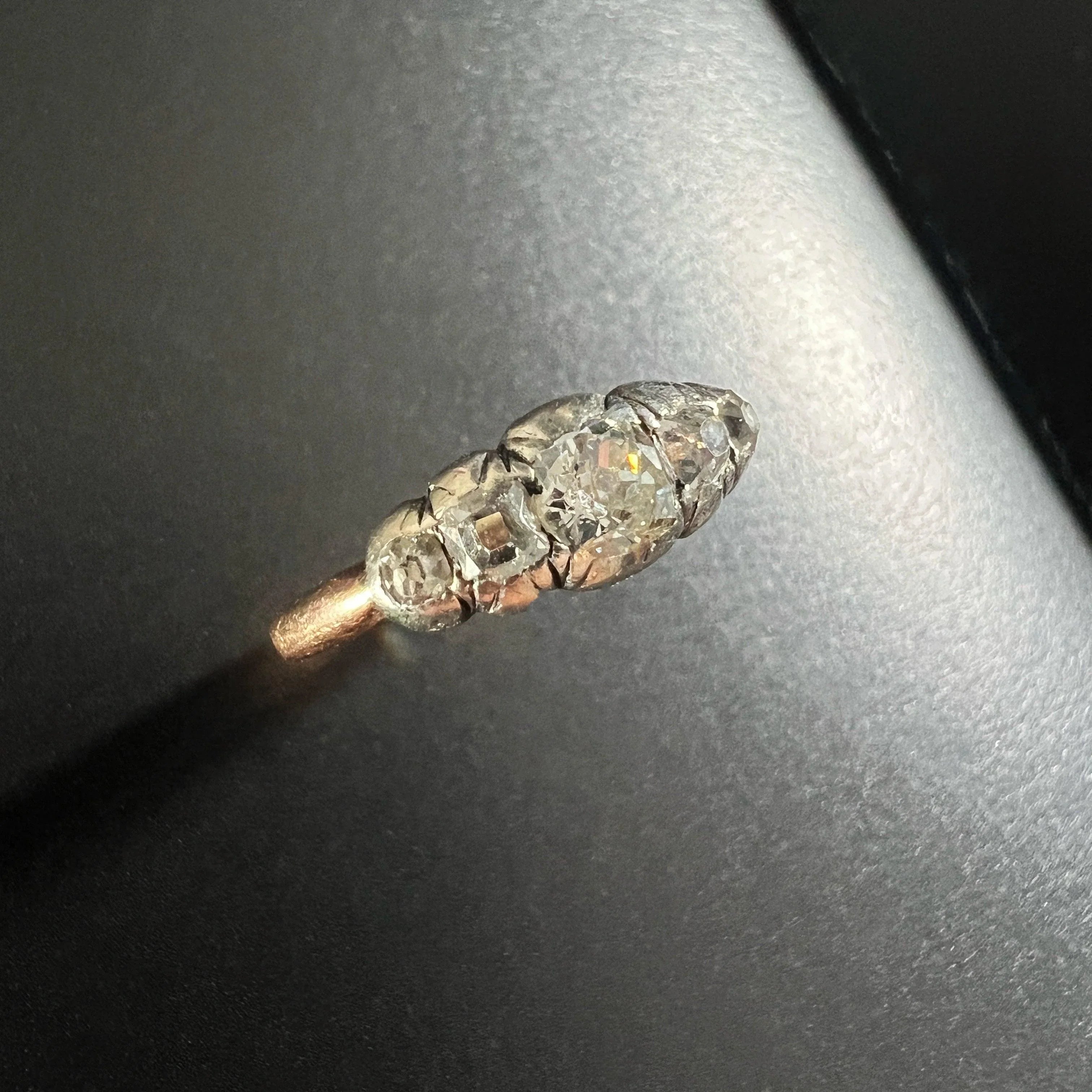 Antique 18K gold old mine cut diamond half hoop ring - Curiously timeless