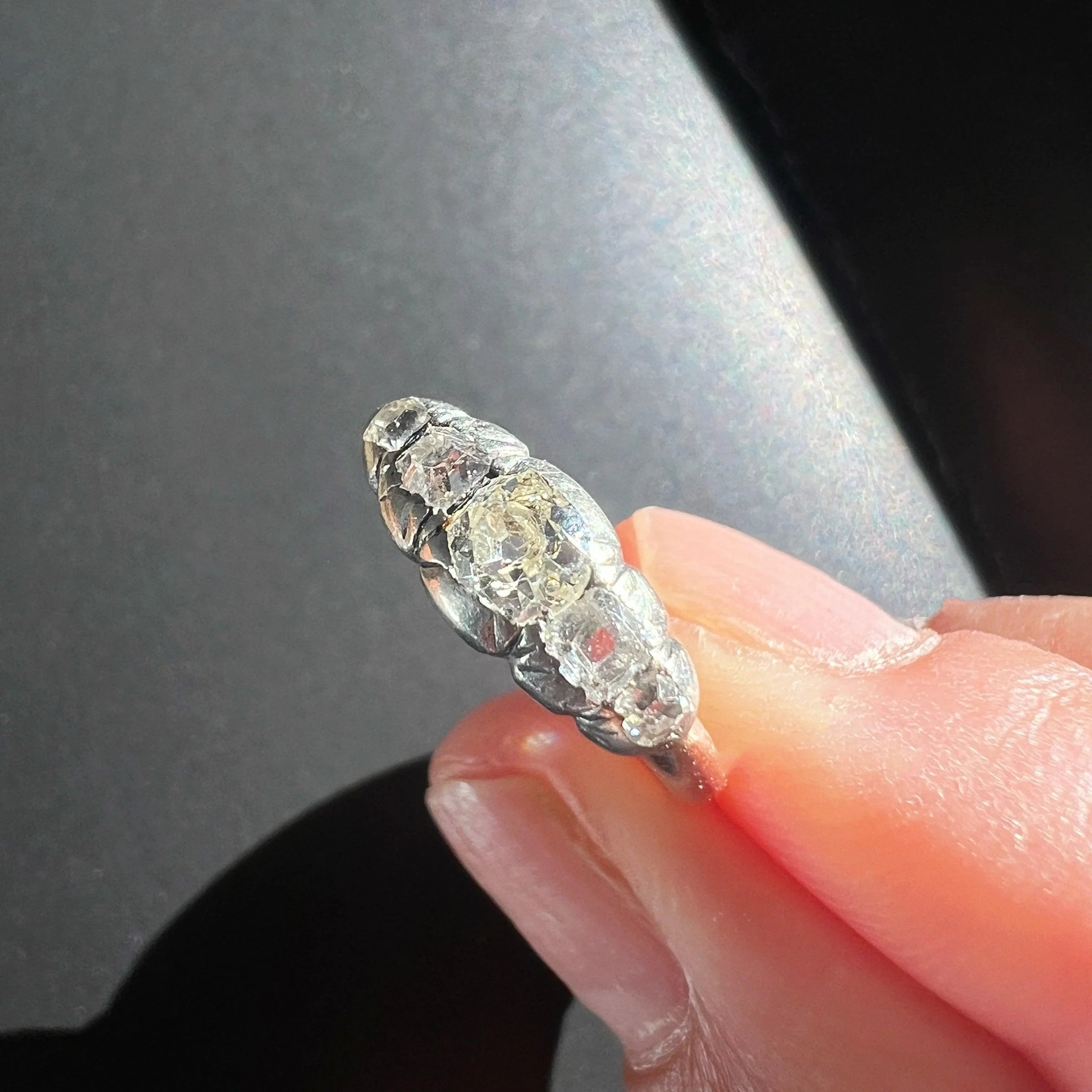 Antique 18K gold old mine cut diamond half hoop ring - Curiously timeless