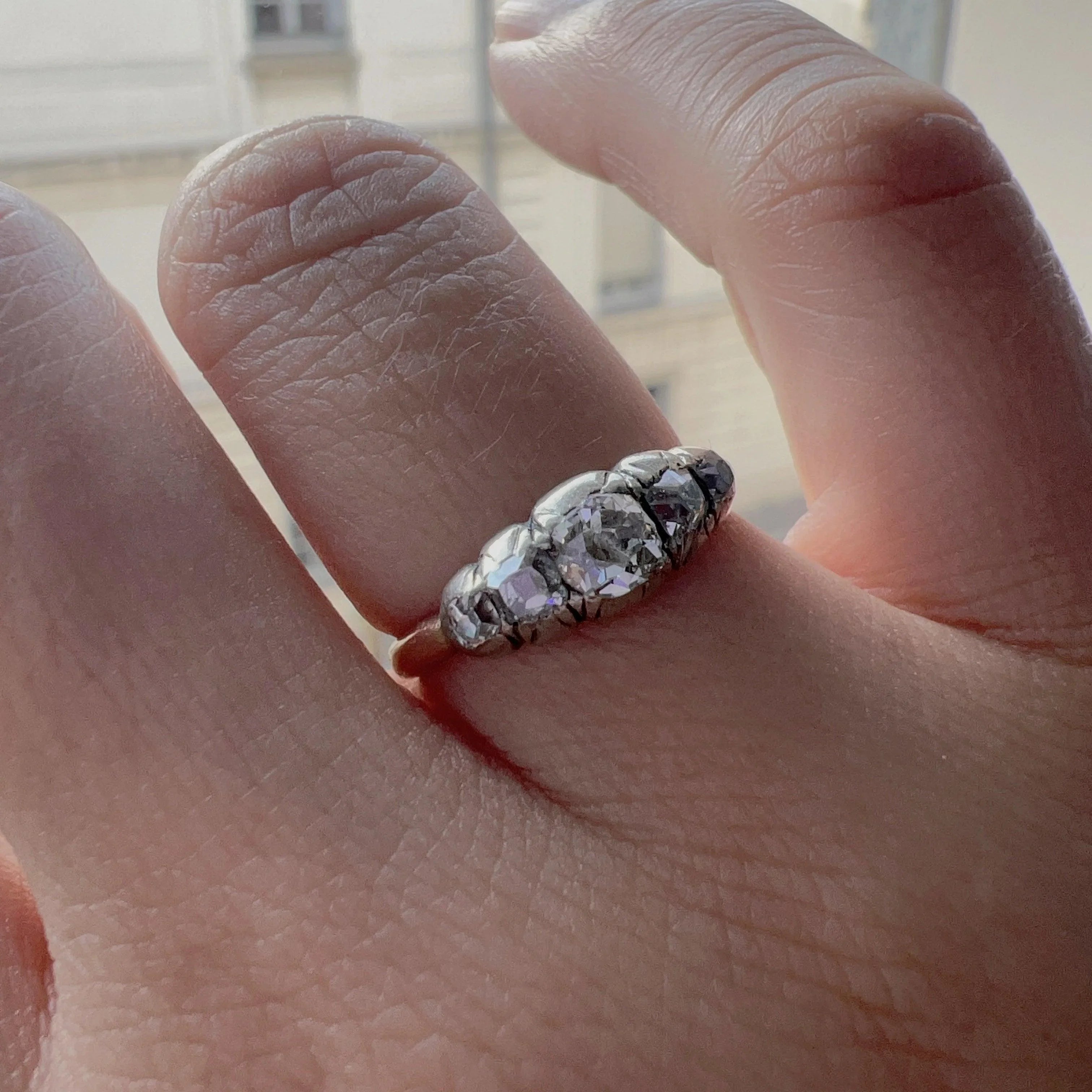 Antique 18K gold old mine cut diamond half hoop ring - Curiously timeless