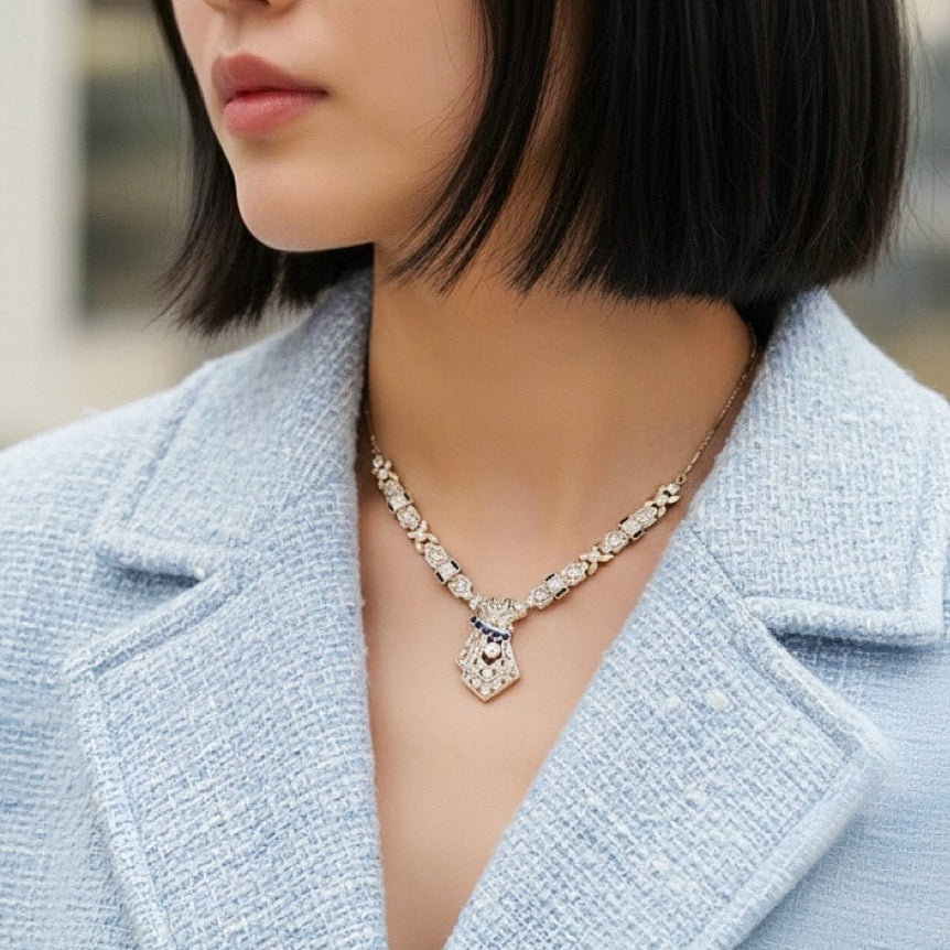 Art Deco French work 18K gold platinum diamond sapphire necklace