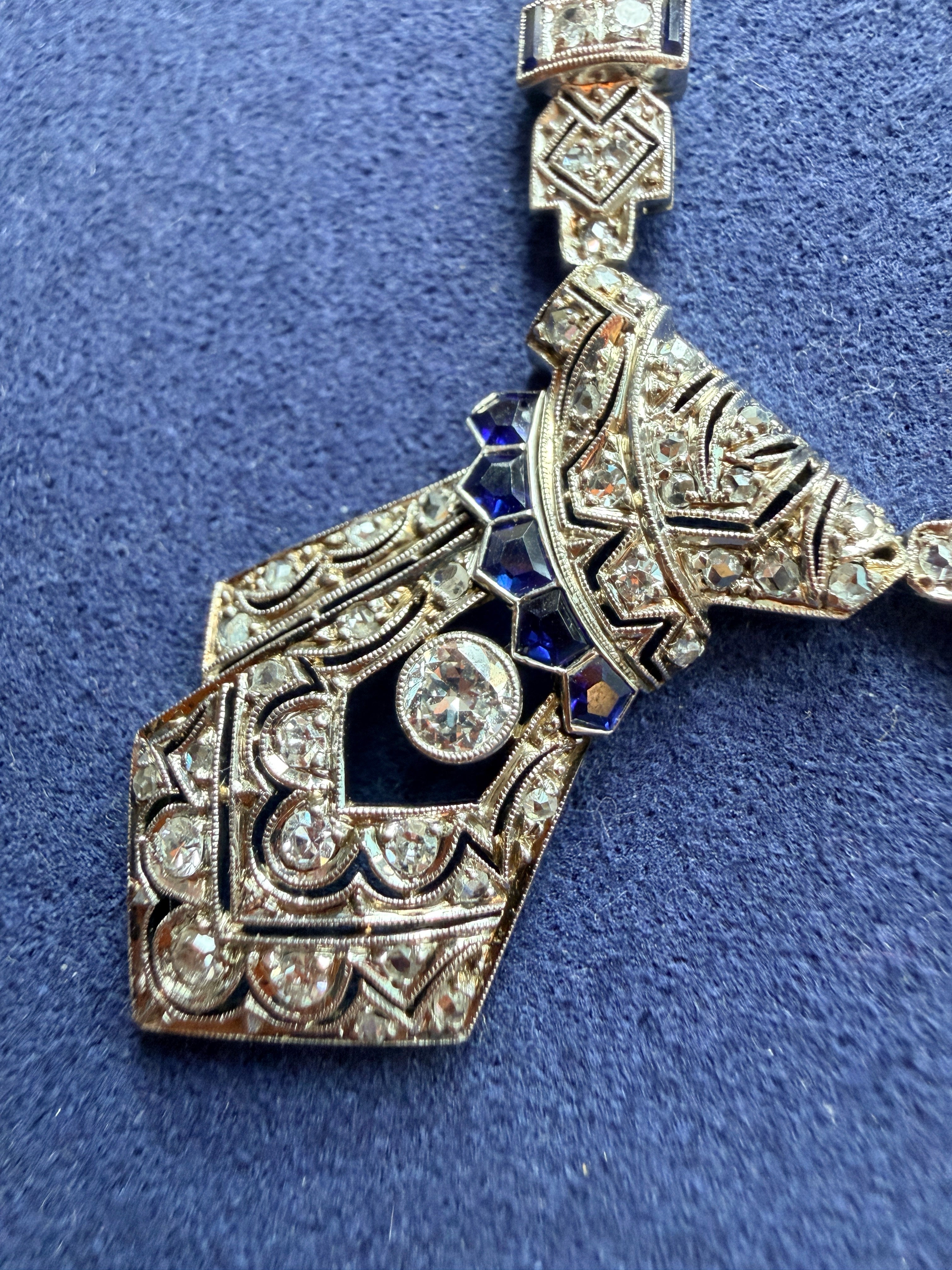 Art Deco French work 18K gold platinum diamond sapphire necklace