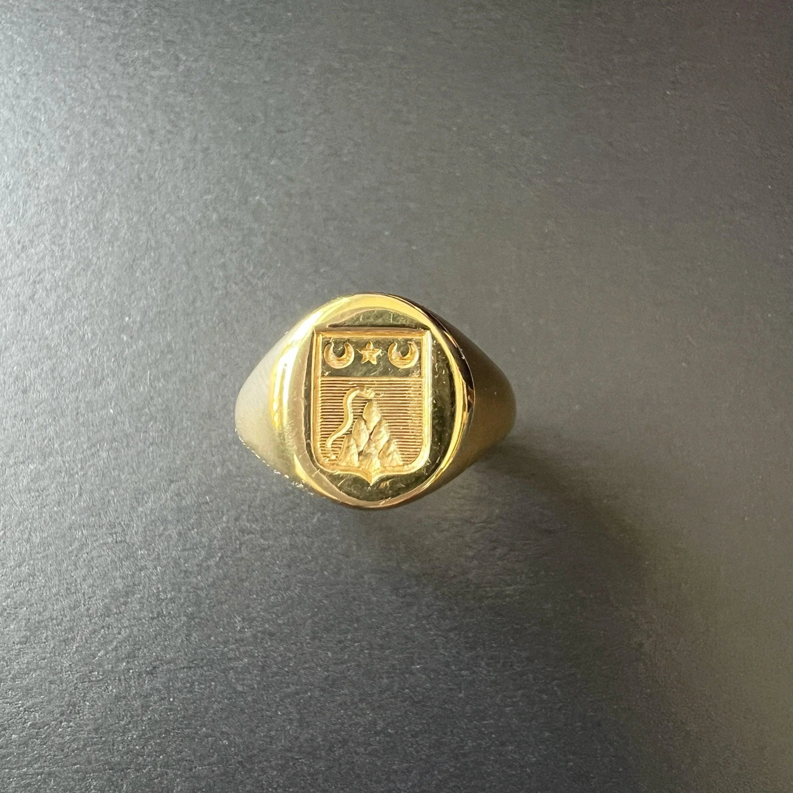 Antique 18K gold snake moon star coat of Arms signet ring - Curiously timeless