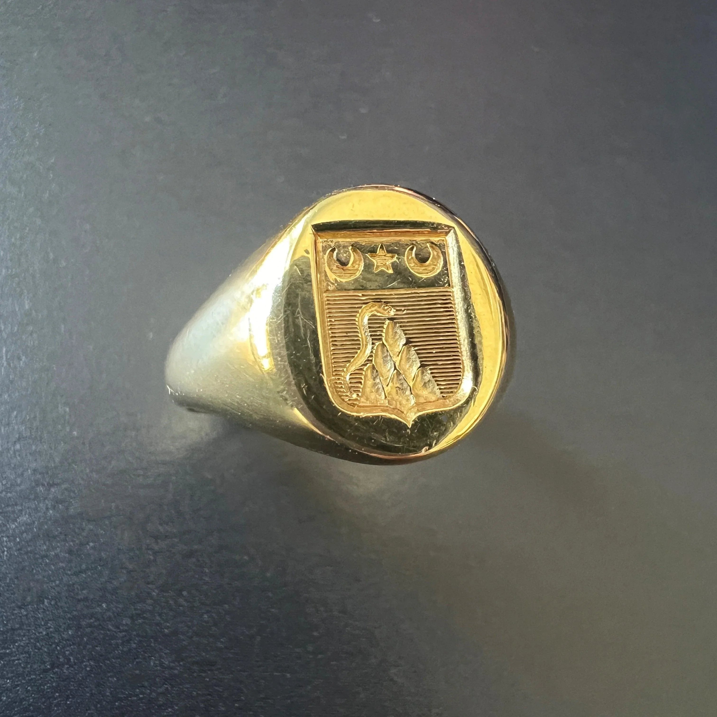 Antique 18K gold snake moon star coat of Arms signet ring - Curiously timeless