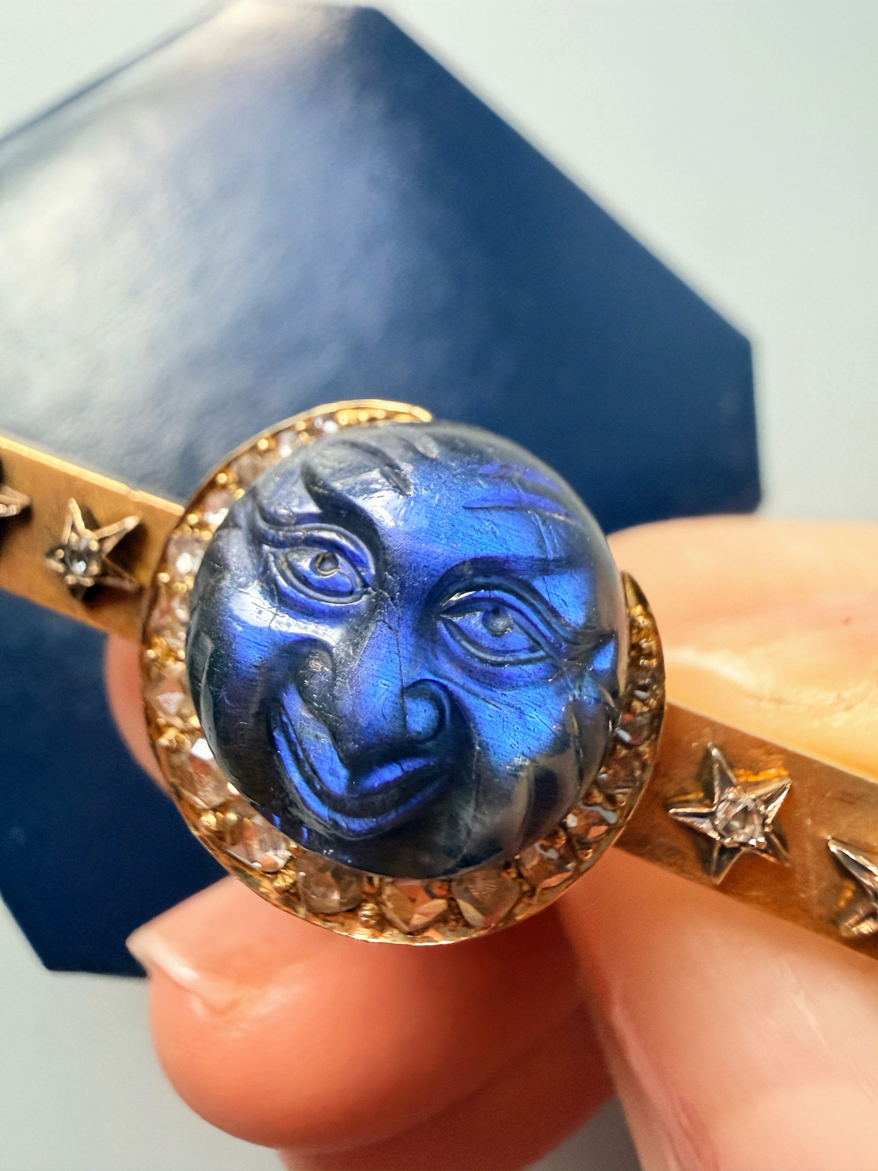 Antique 18K gold carved labradorite moon face brooch with diamond crescent