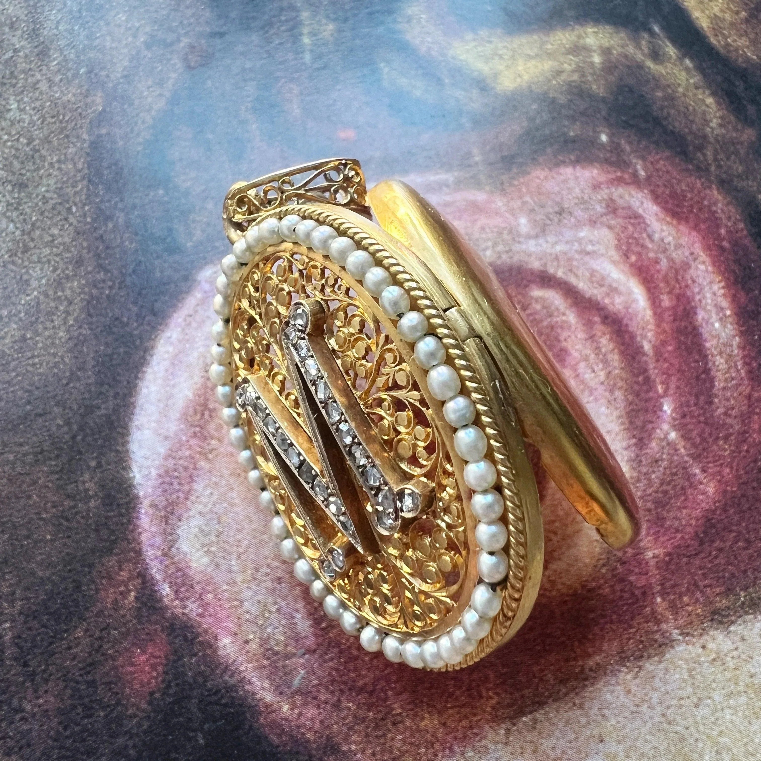 Victorian era 18K gold diamond natural pearl “M” locket pendant - Curiously timeless