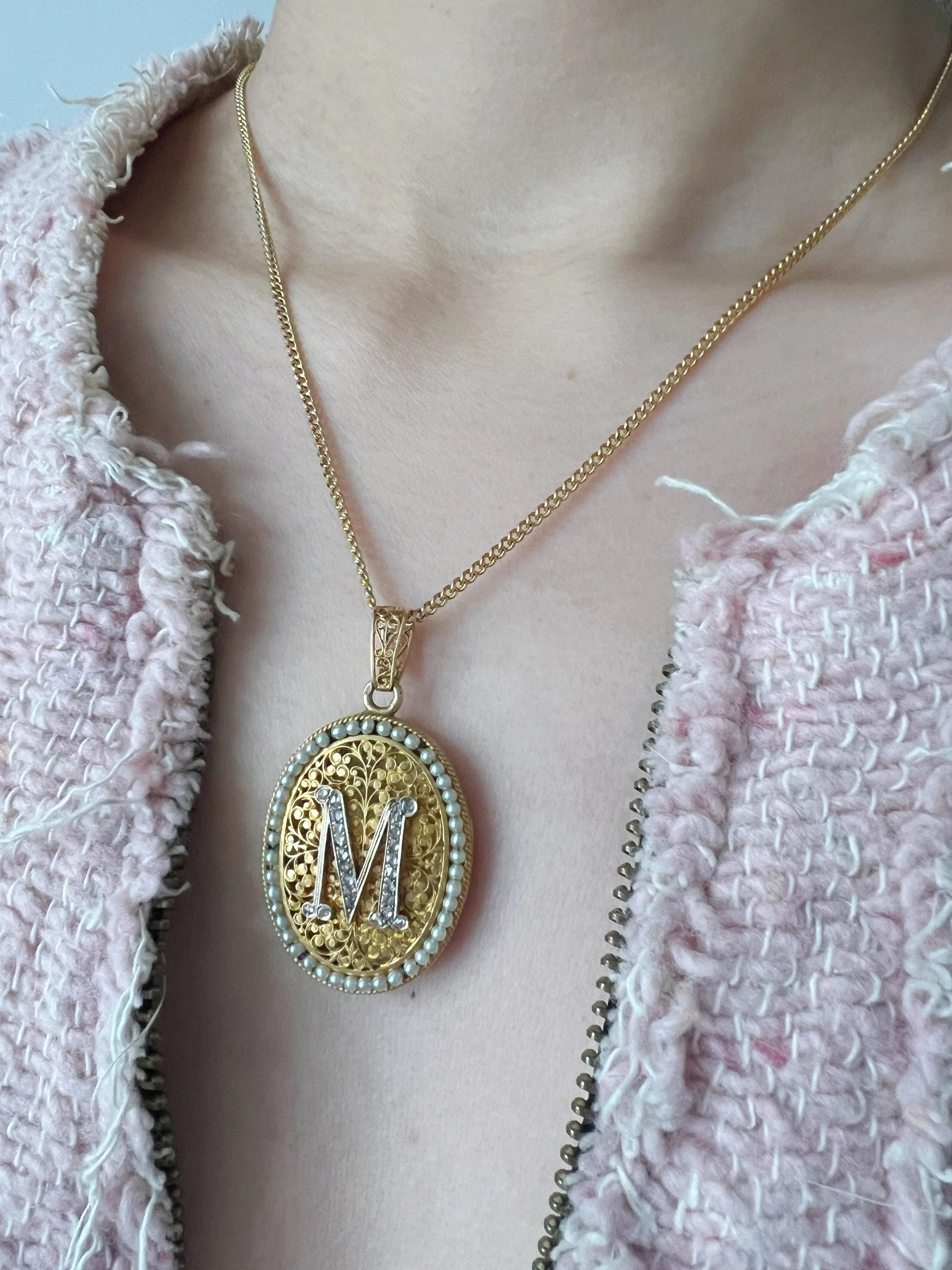 Victorian era 18K gold diamond natural pearl “M” locket pendant - Curiously timeless