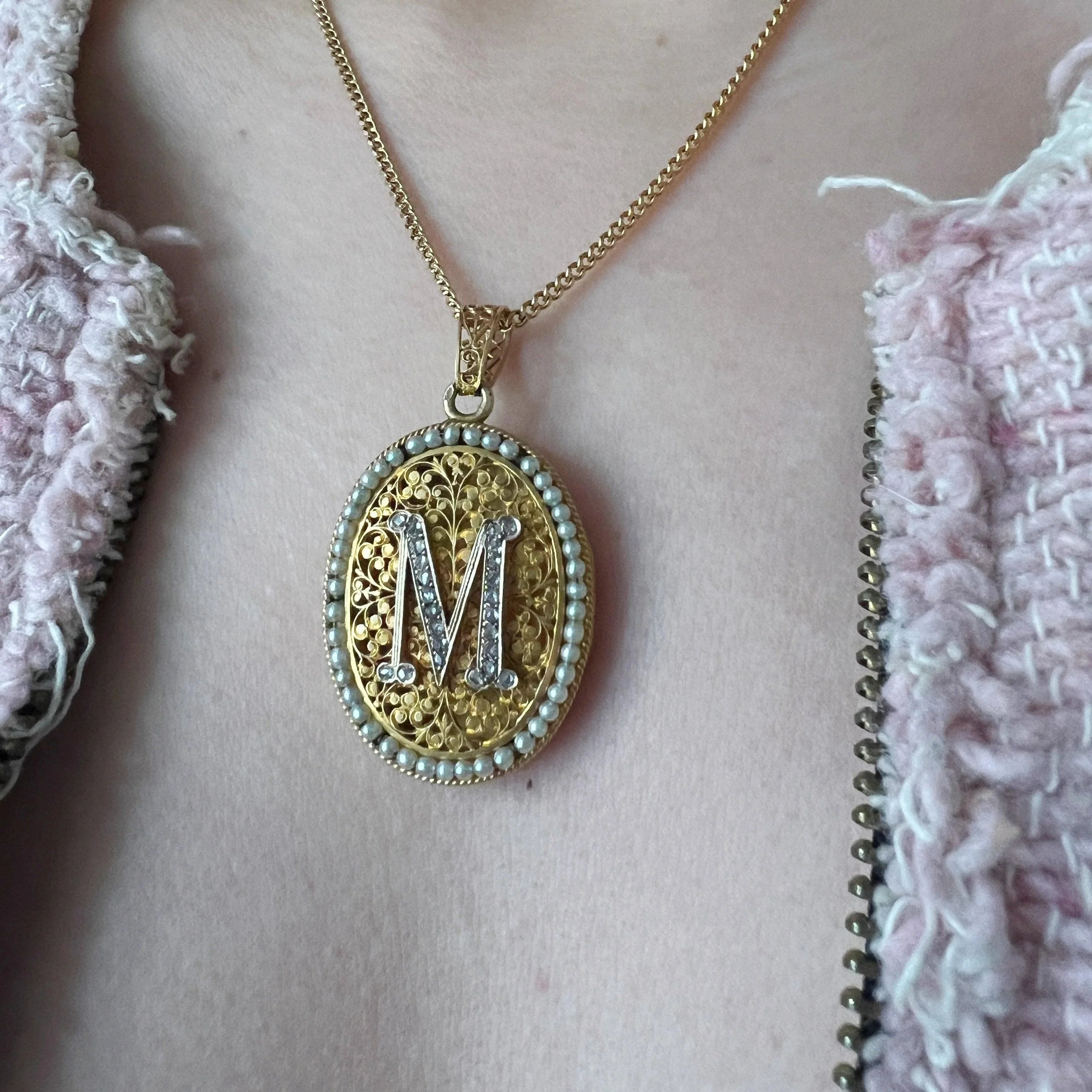 Victorian era 18K gold diamond natural pearl “M” locket pendant - Curiously timeless