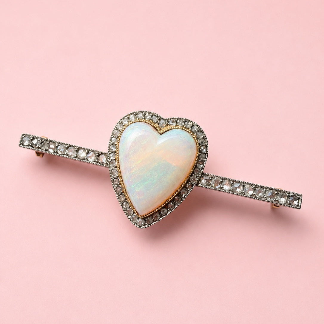 Victorian era 18K gold Opal Heart & Diamond Brooch