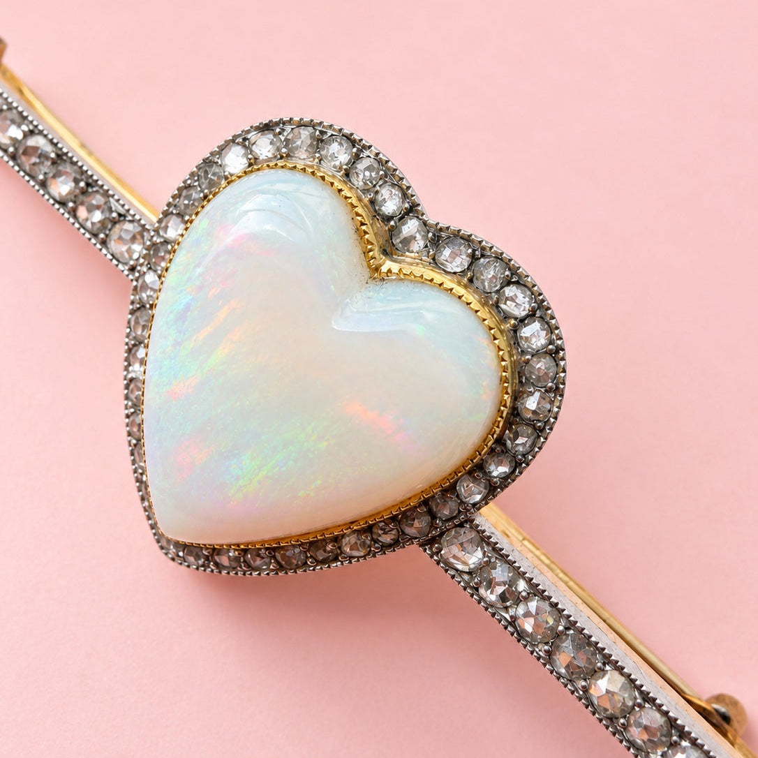 Victorian era 18K gold Opal Heart & Diamond Brooch
