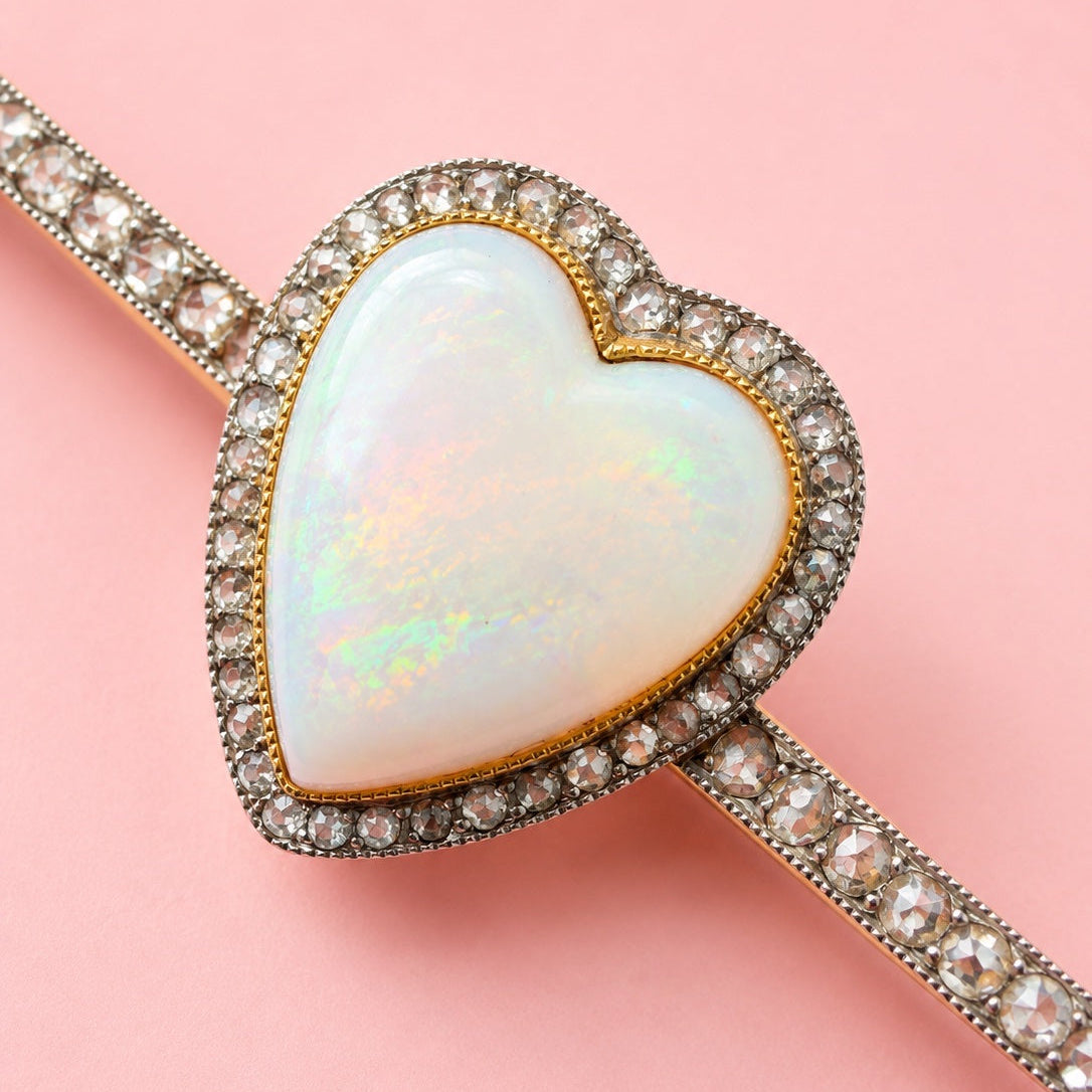 Victorian era 18K gold Opal Heart & Diamond Brooch