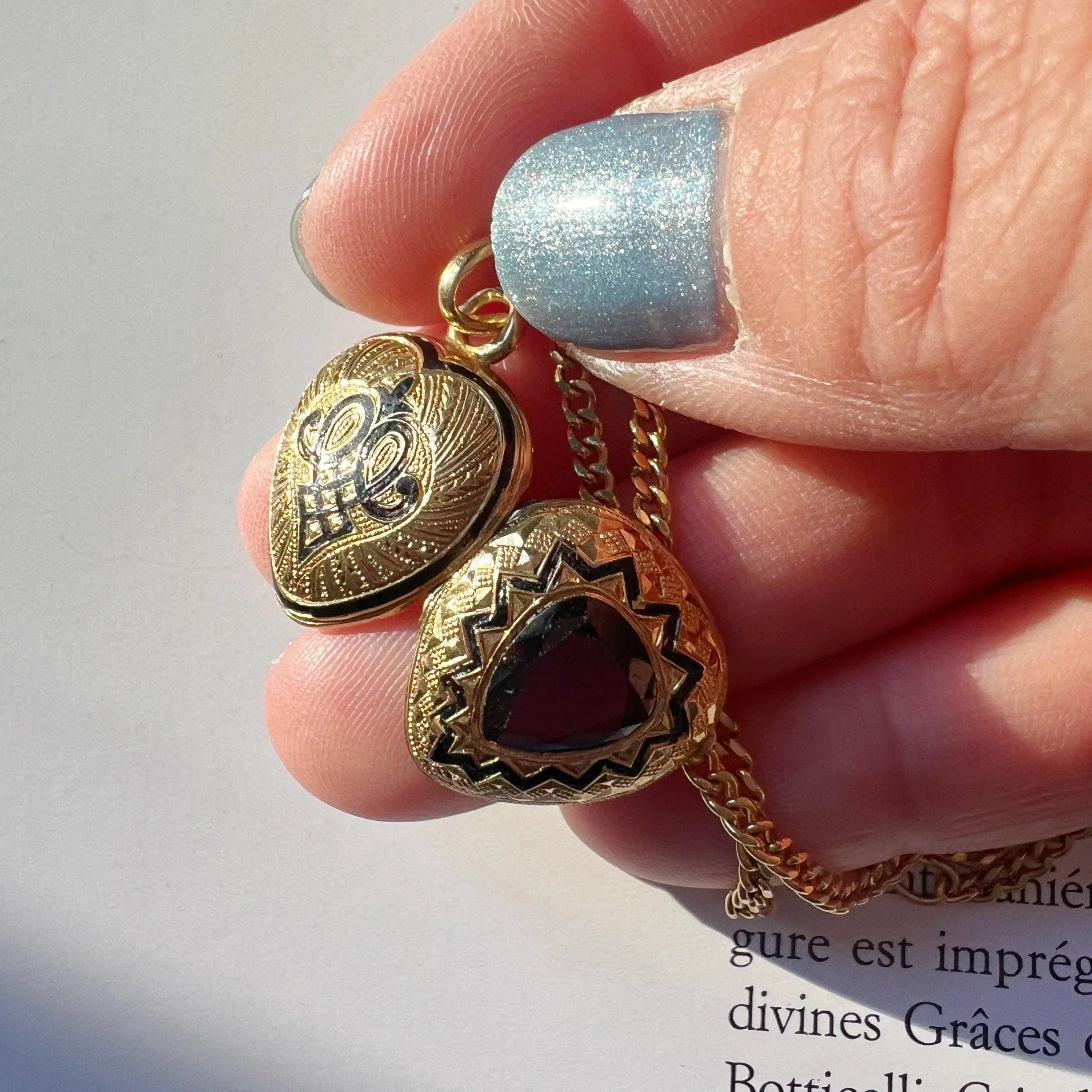 Victorian 18K garnet black enamel heart shaped locket pendant - Curiously timeless