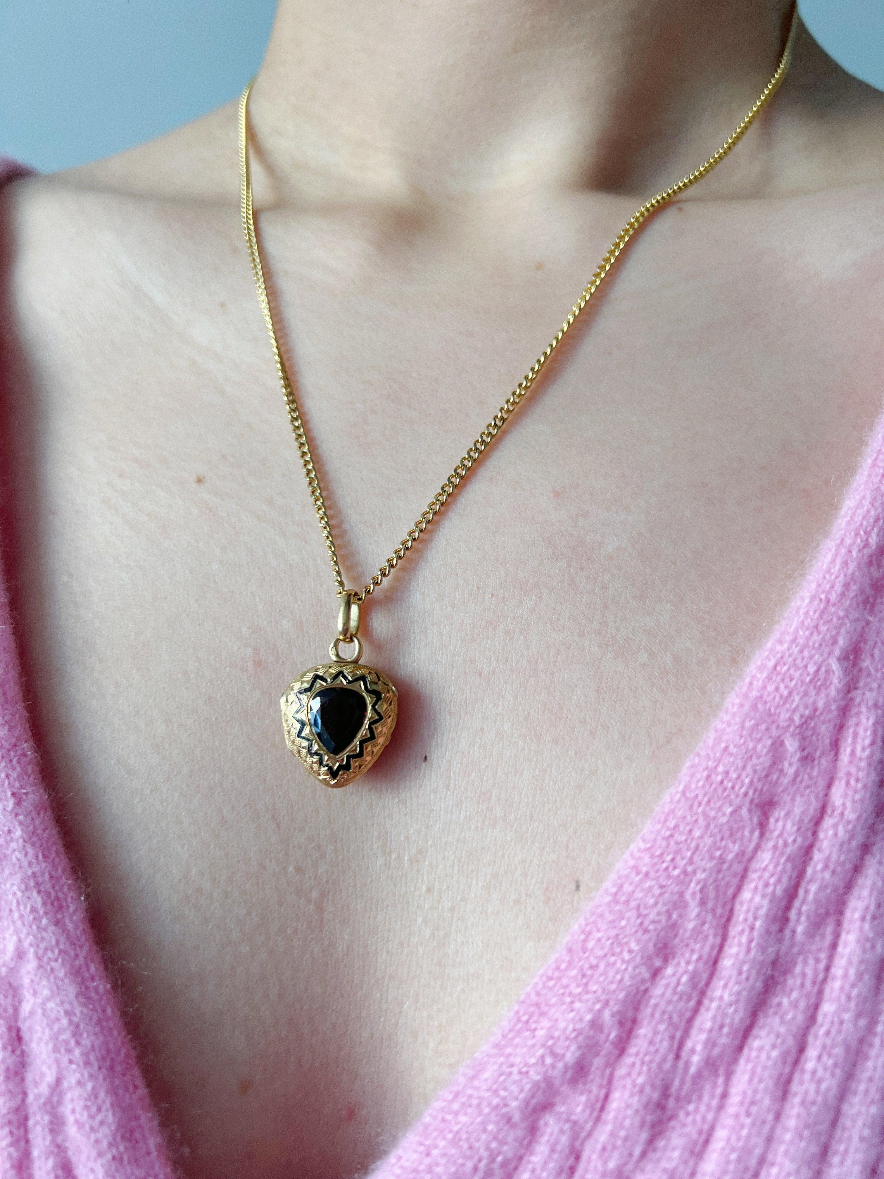 Victorian 18K garnet black enamel heart shaped locket pendant - Curiously timeless