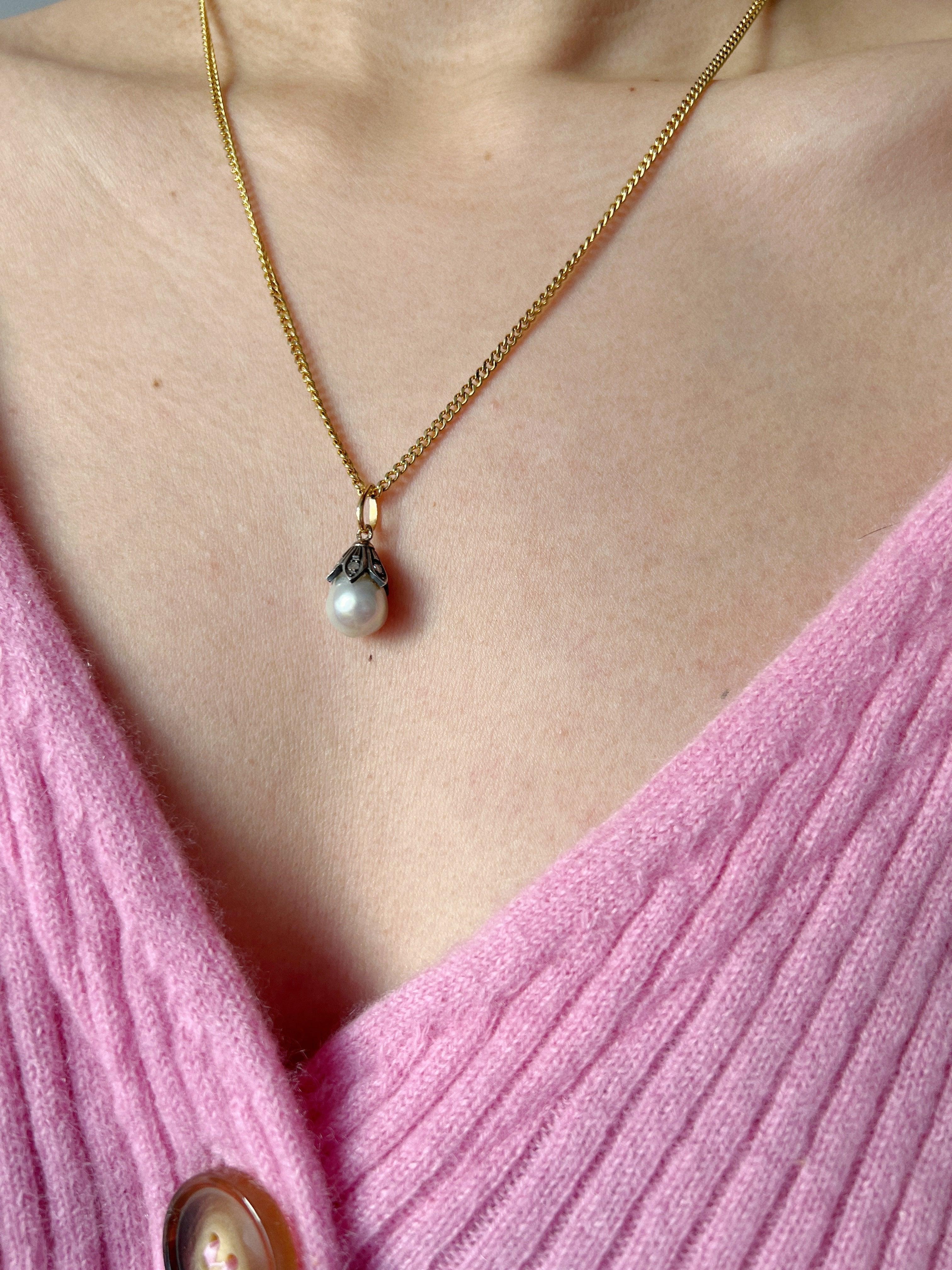 Antique 18K gold baroque pearl rose cut diamond pendant - Curiously timeless