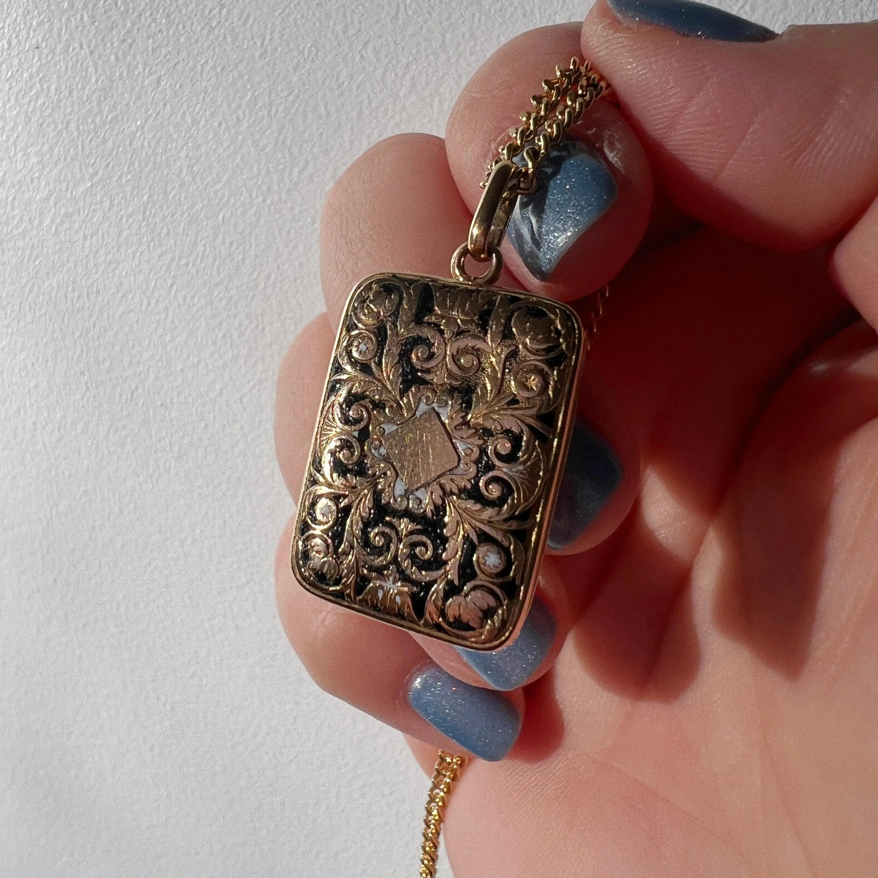 Georgian era 18K gold double sided black enamel perfume box pendant - Curiously timeless