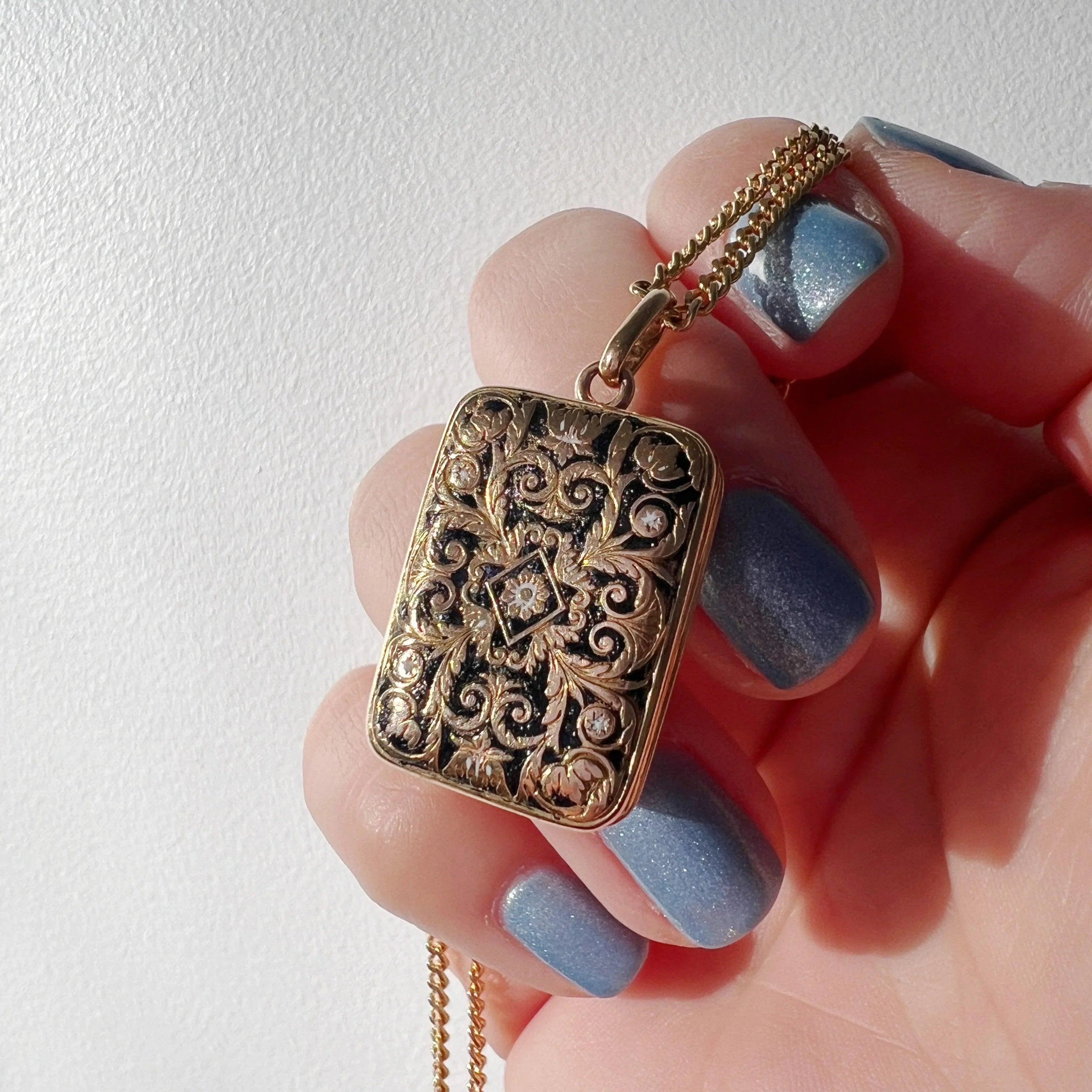 Georgian era 18K gold double sided black enamel perfume box pendant - Curiously timeless