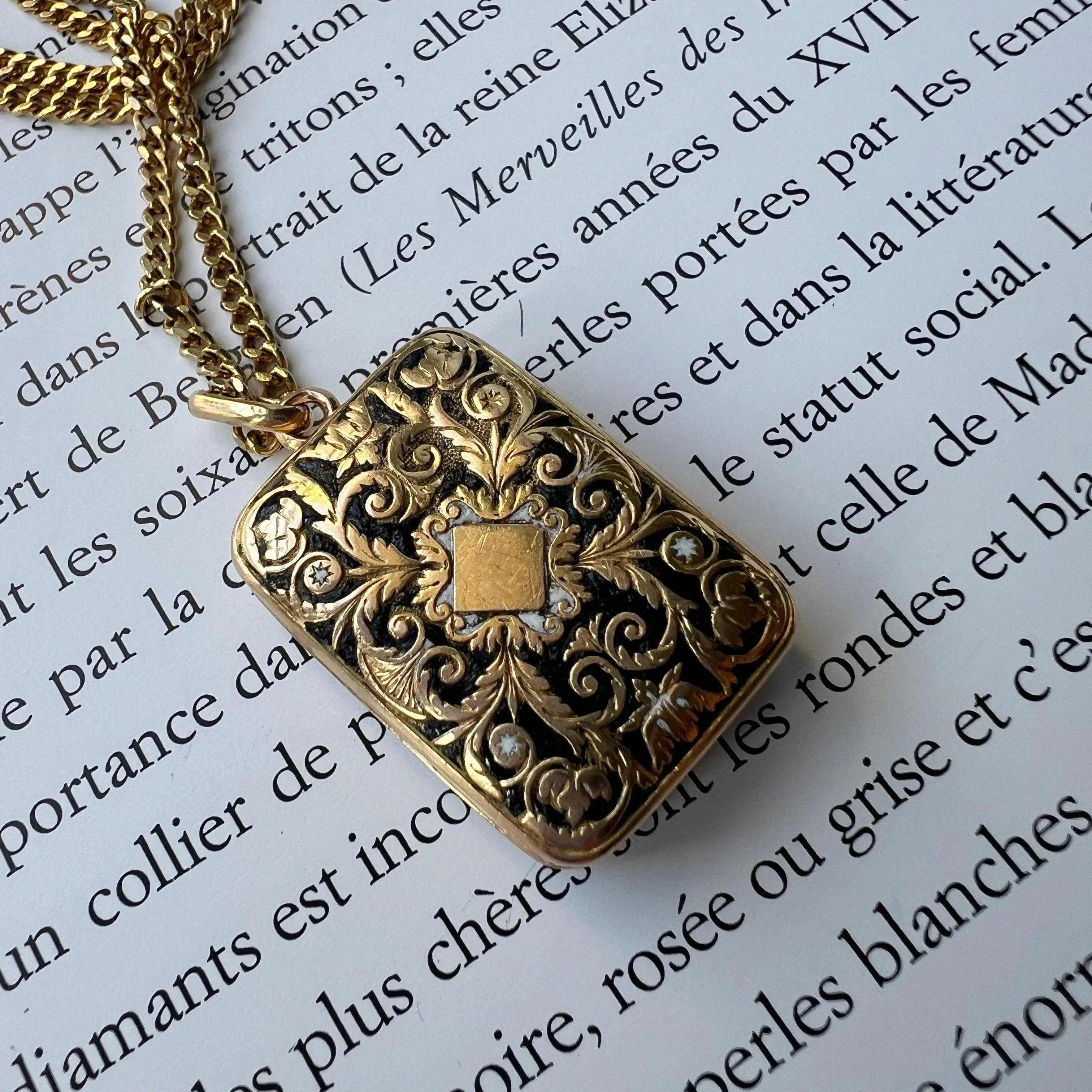Georgian era 18K gold double sided black enamel perfume box pendant - Curiously timeless
