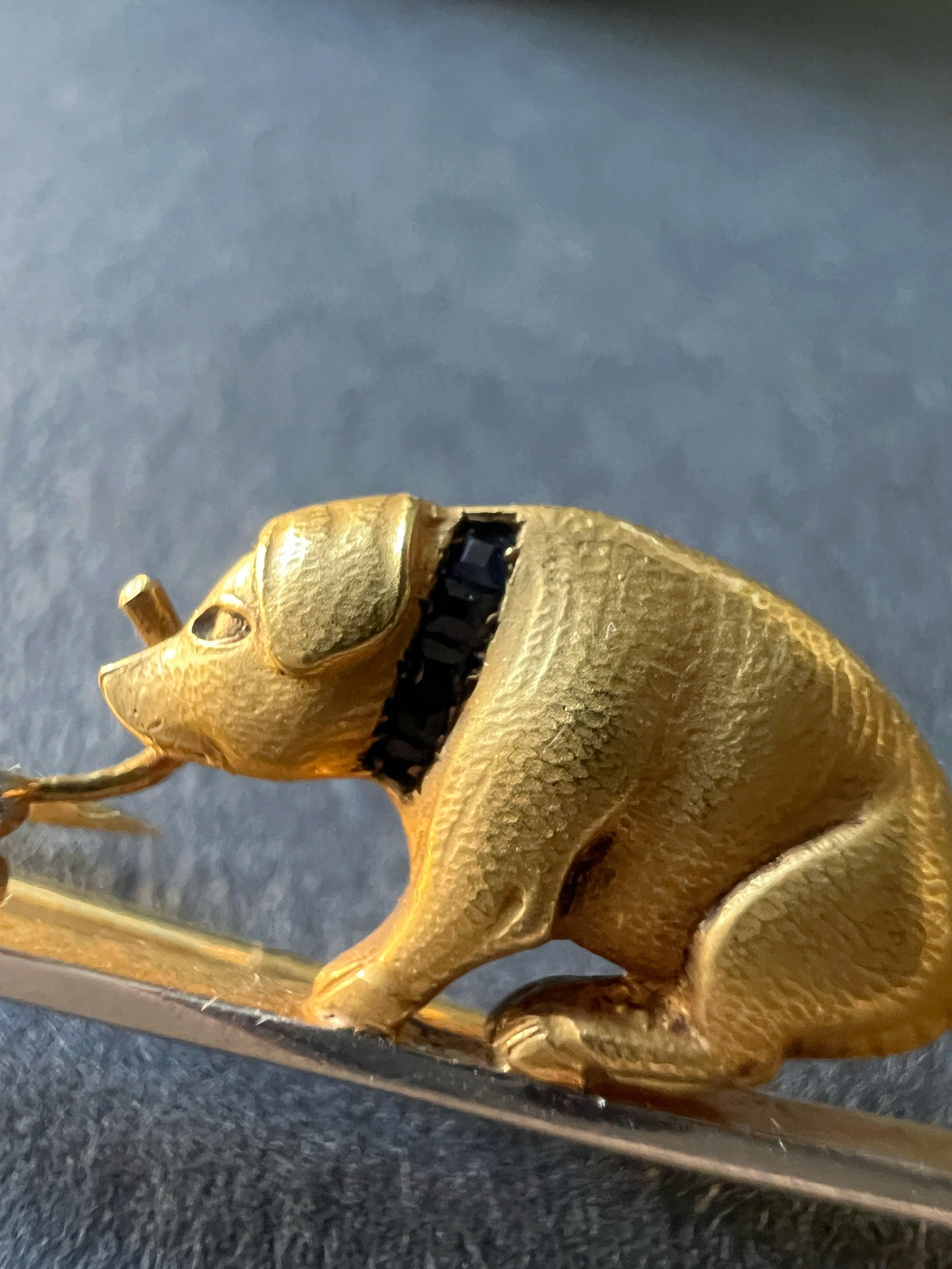 Antique 18K gold piggy clover diamond sapphire brooch