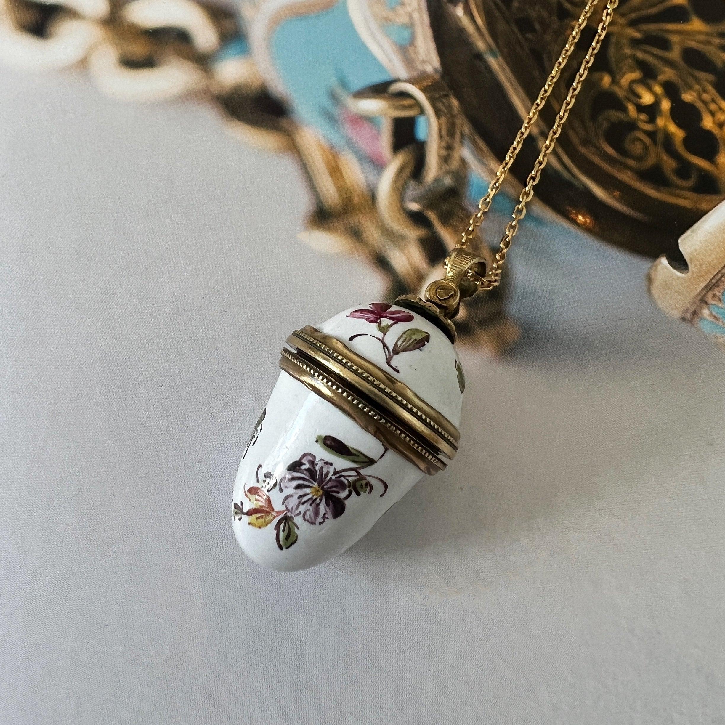 Rare Georgian era enamel flower egg salt bottle locket pendant - Curiously timeless