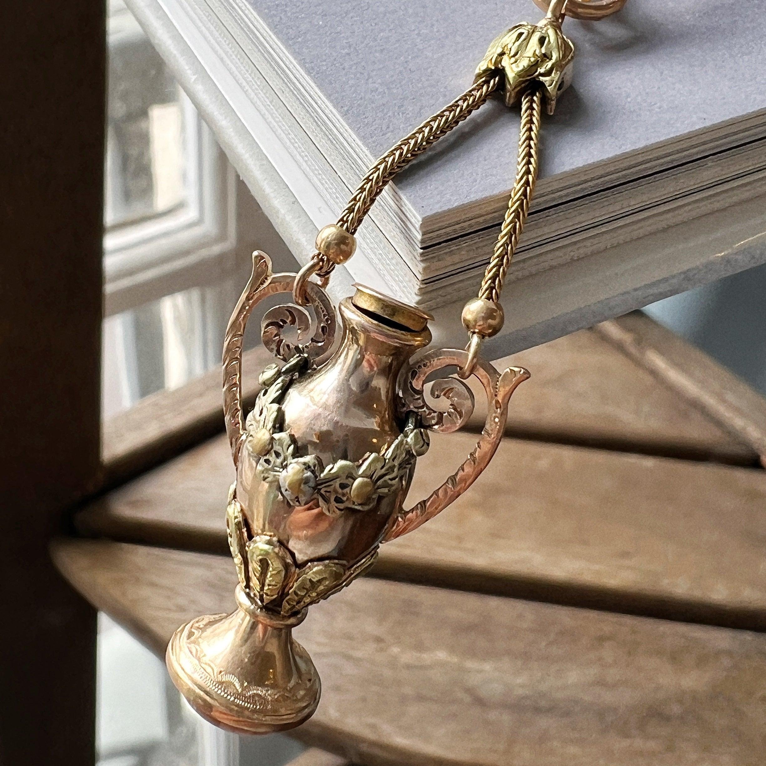 Victorian era 18K gold amphora carnelian seal bottle pendant - Curiously timeless