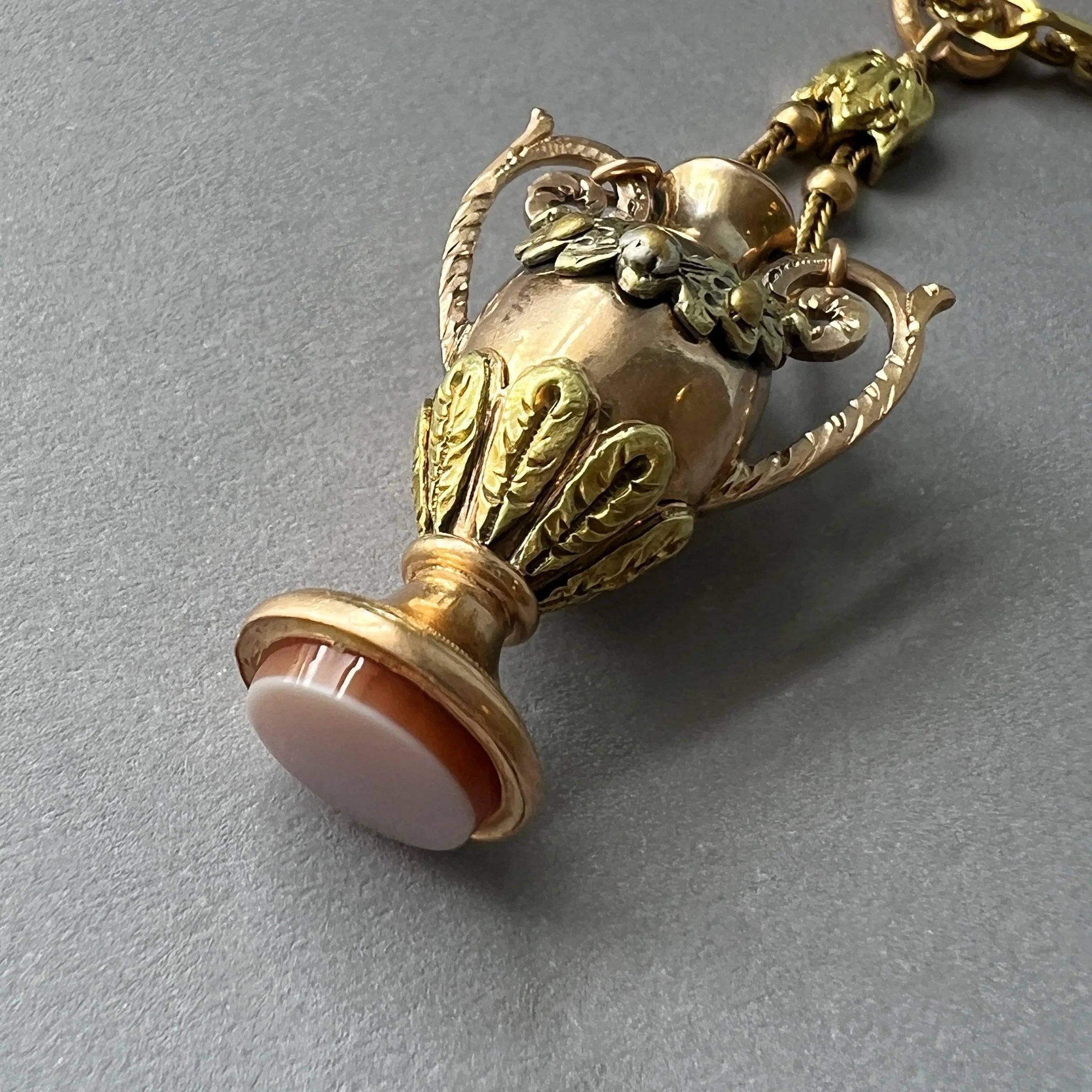 Victorian era 18K gold amphora carnelian seal bottle pendant - Curiously timeless