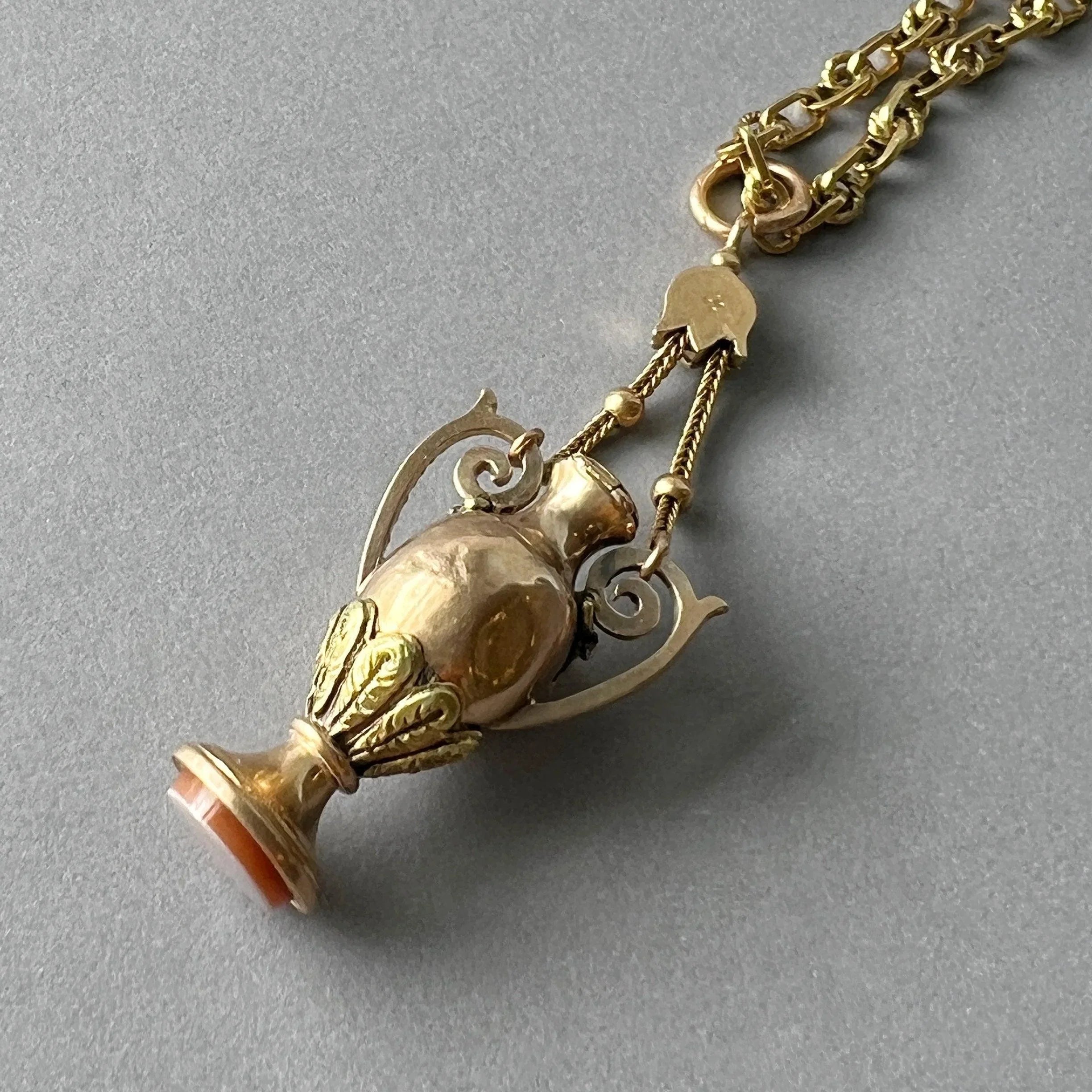 Victorian era 18K gold amphora carnelian seal bottle pendant - Curiously timeless