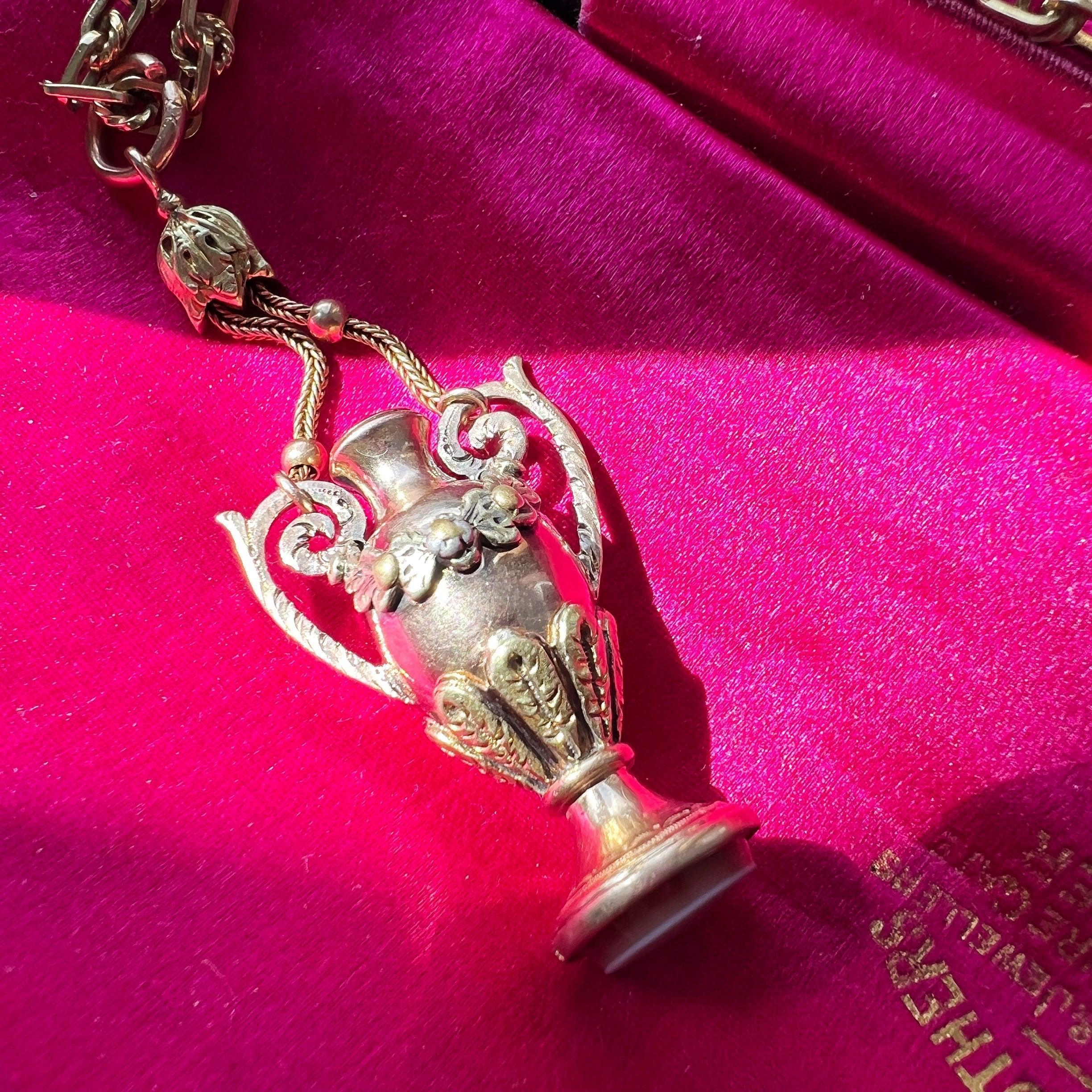 Victorian era 18K gold amphora carnelian seal bottle pendant - Curiously timeless