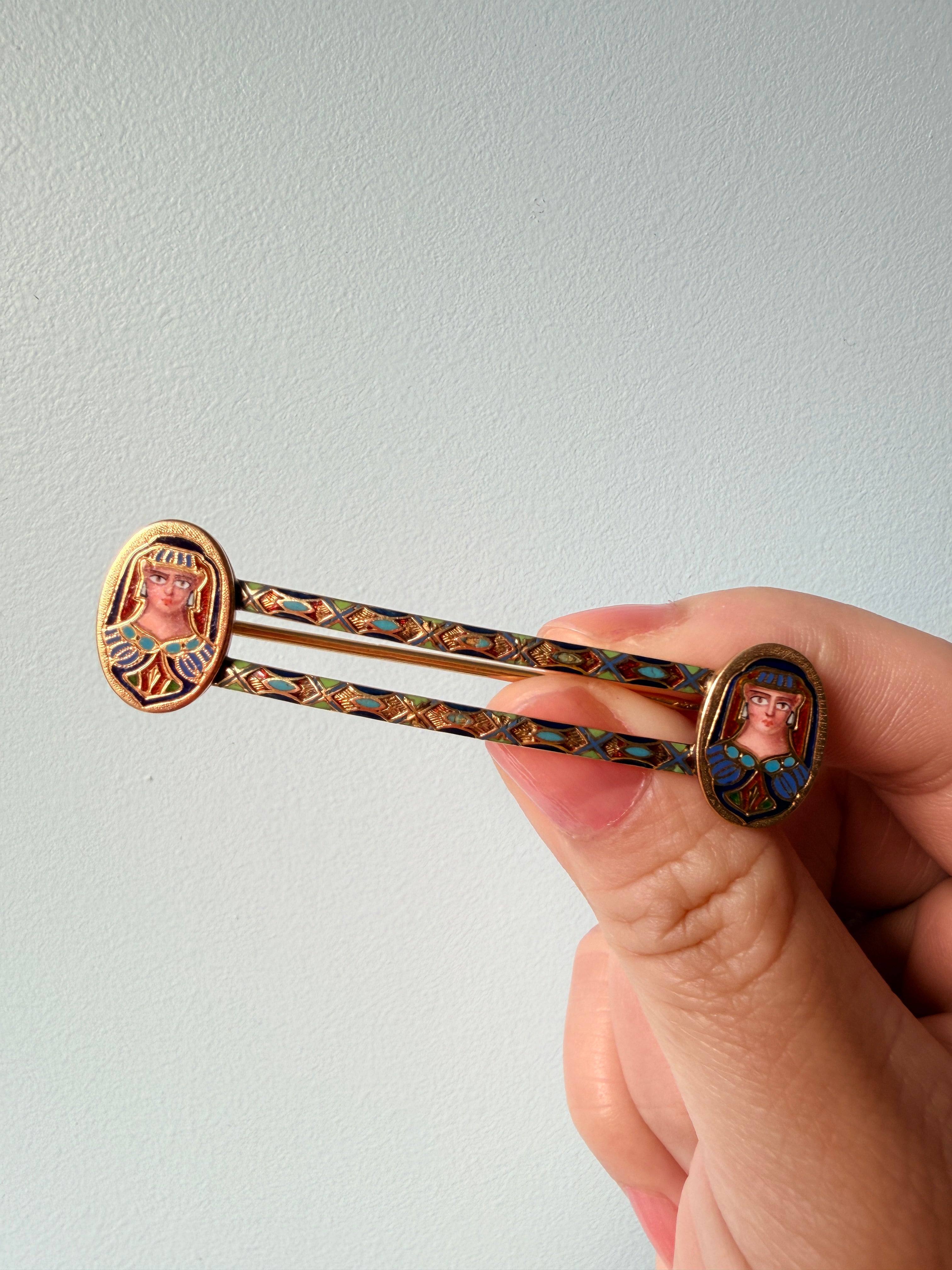 Antique French 18K gold Egyptian revival enamel brooch