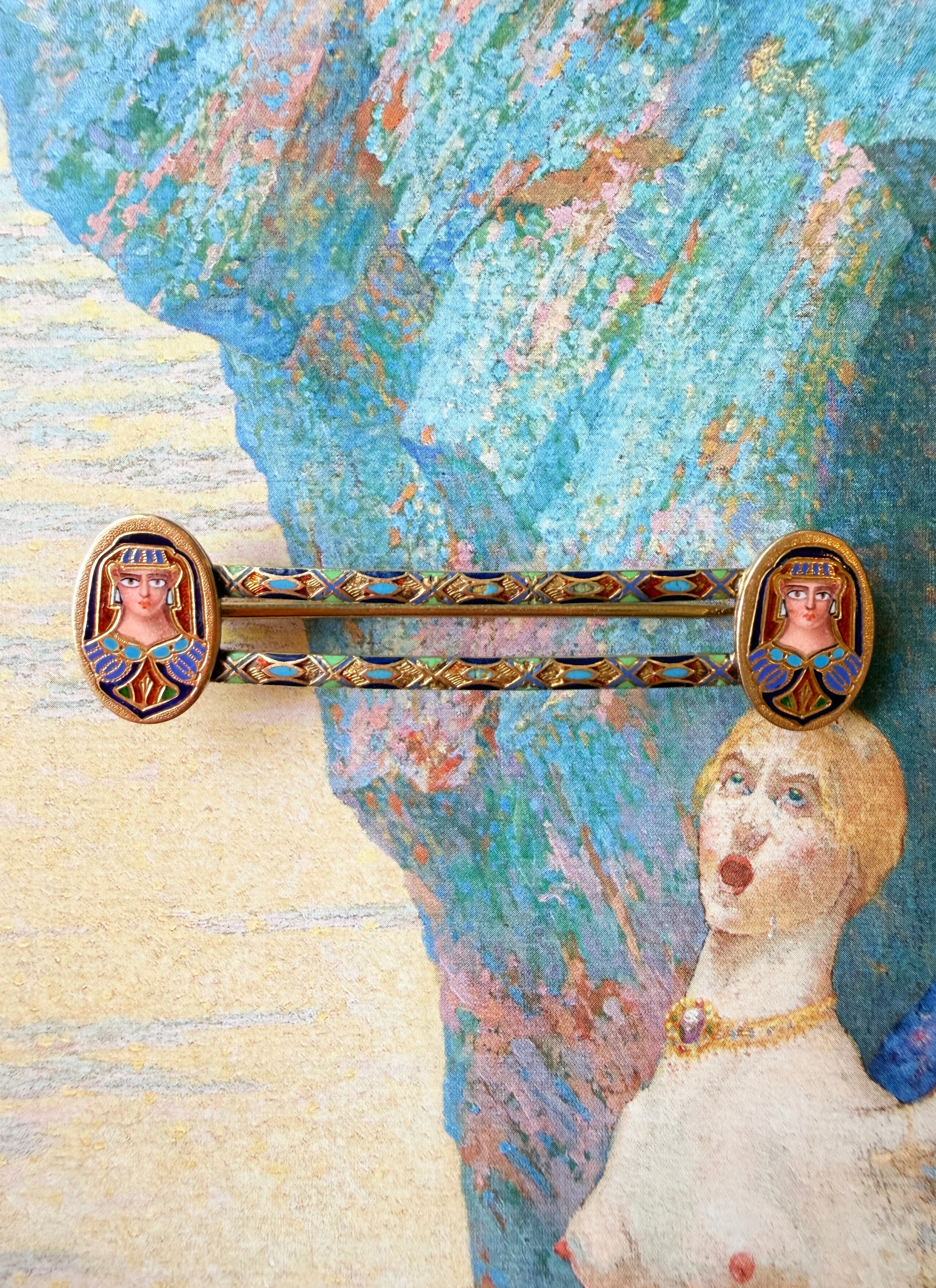 Antique French 18K gold Egyptian revival enamel brooch
