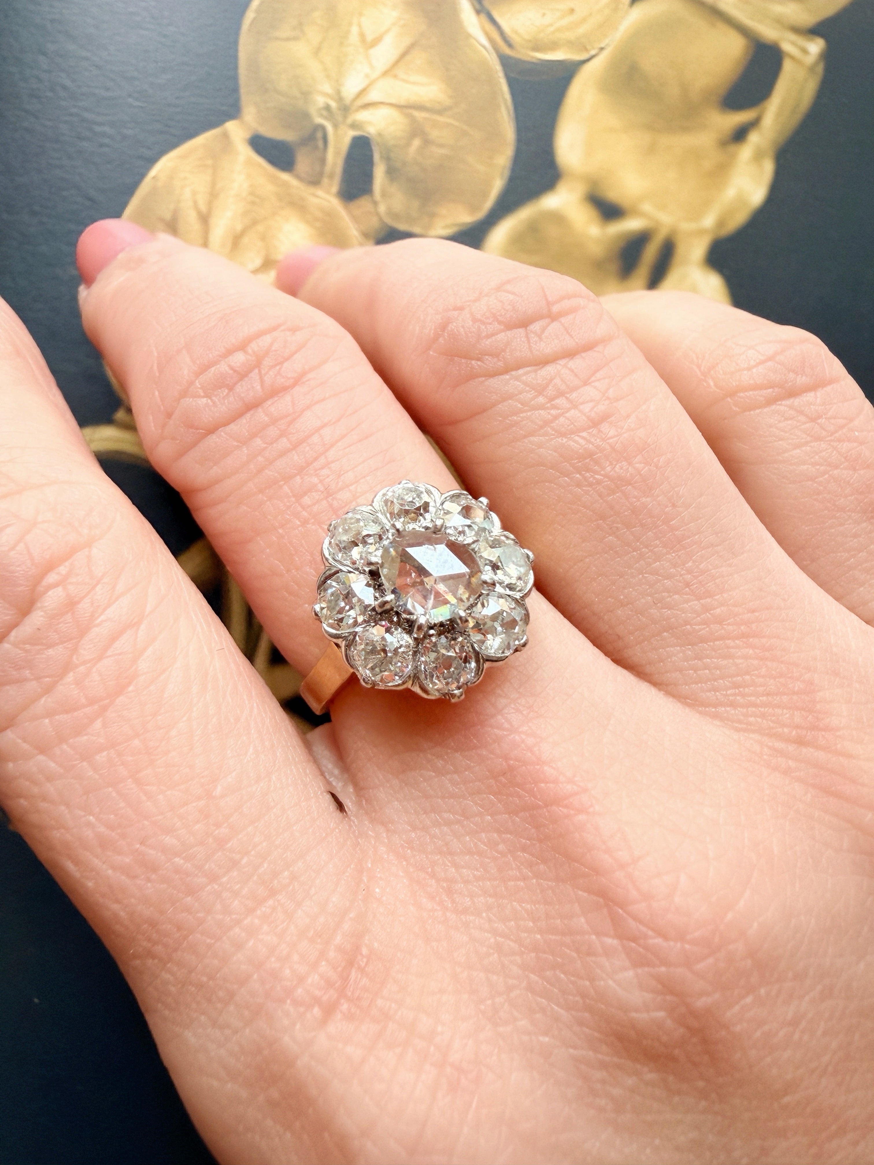 Antique French 18K gold rose & OMC cut diamond cluster ring
