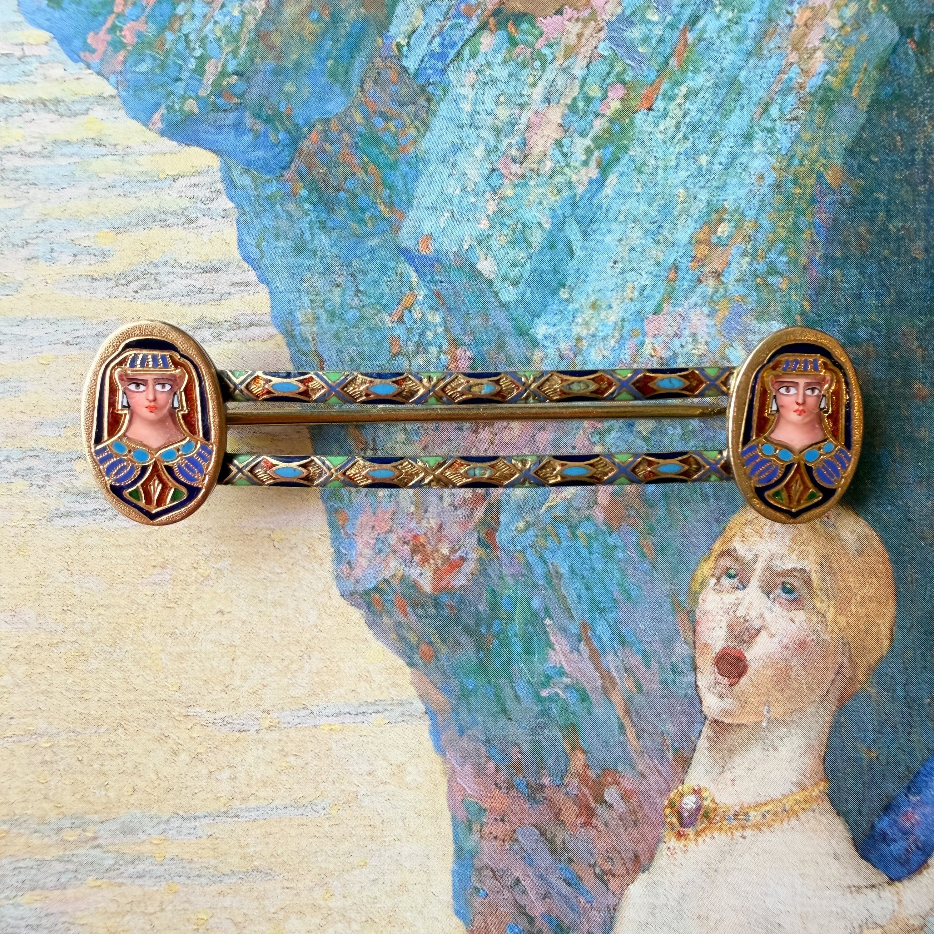 Antique French 18K gold Egyptian revival enamel brooch