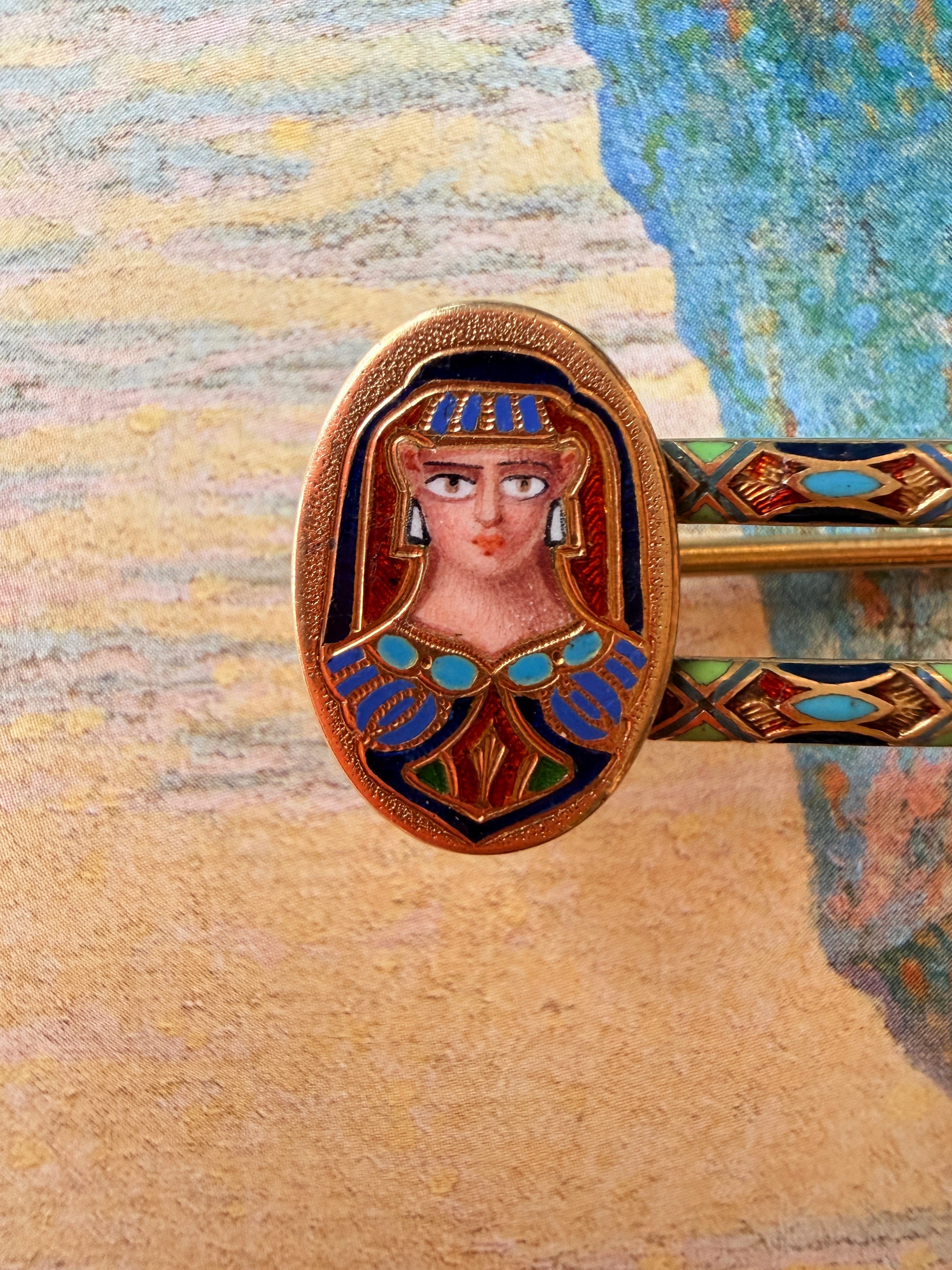 Antique French 18K gold Egyptian revival enamel brooch