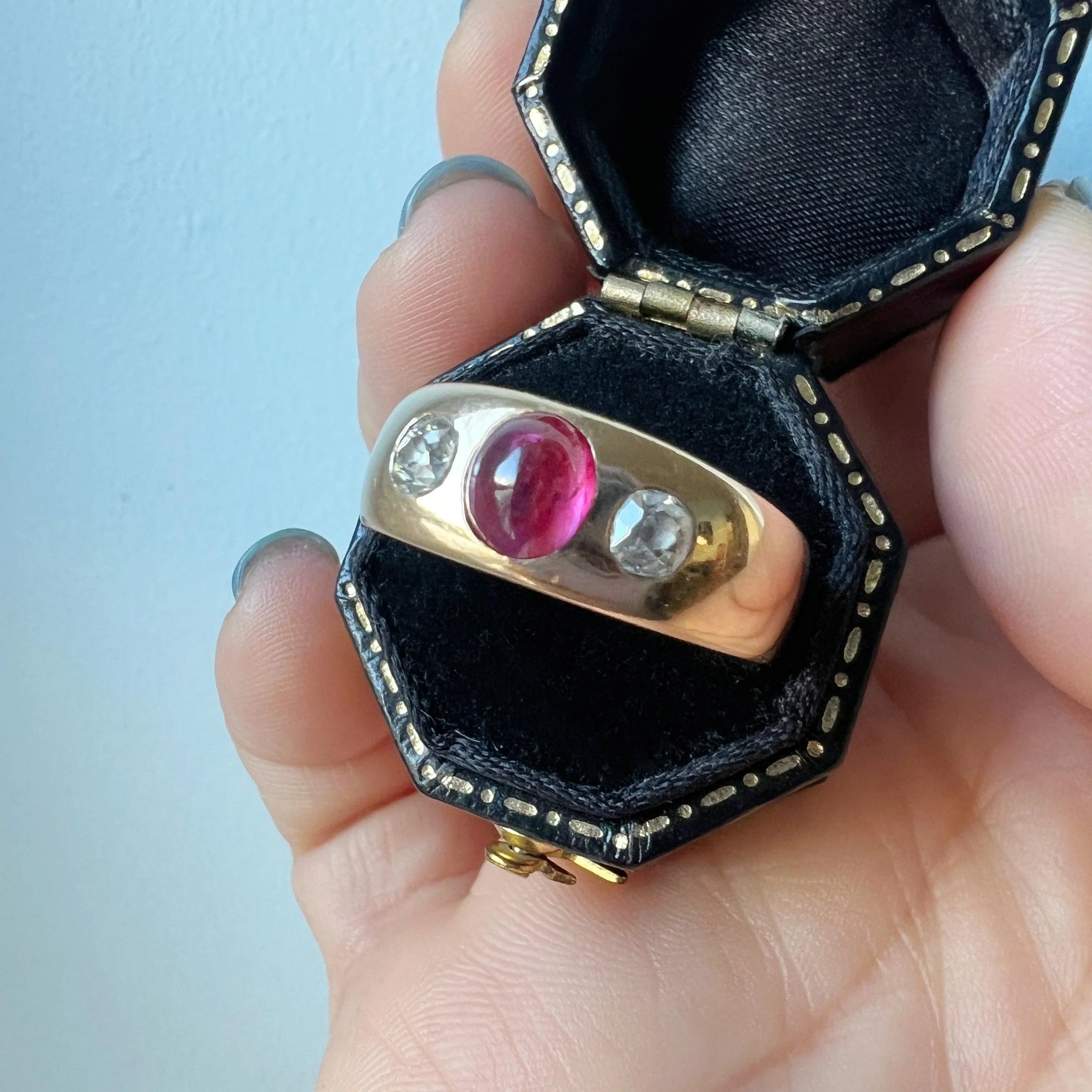 Antique 14K gold pink sapphire diamond three stone gypsy ring - Curiously timeless