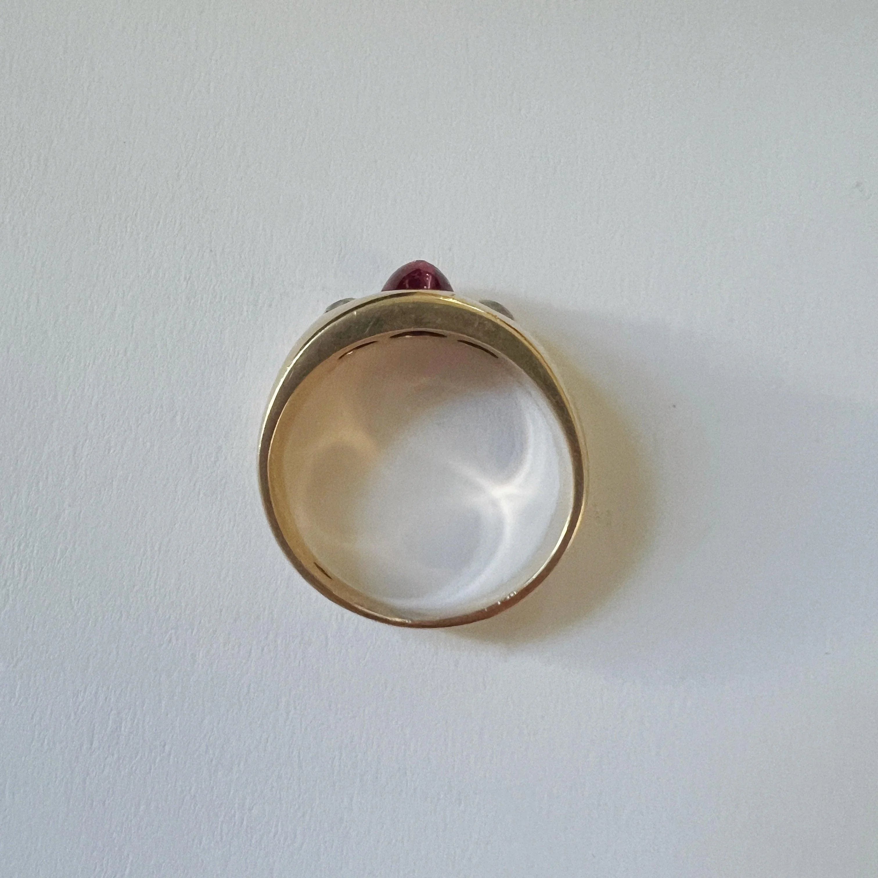 Antique 14K gold pink sapphire diamond three stone gypsy ring - Curiously timeless