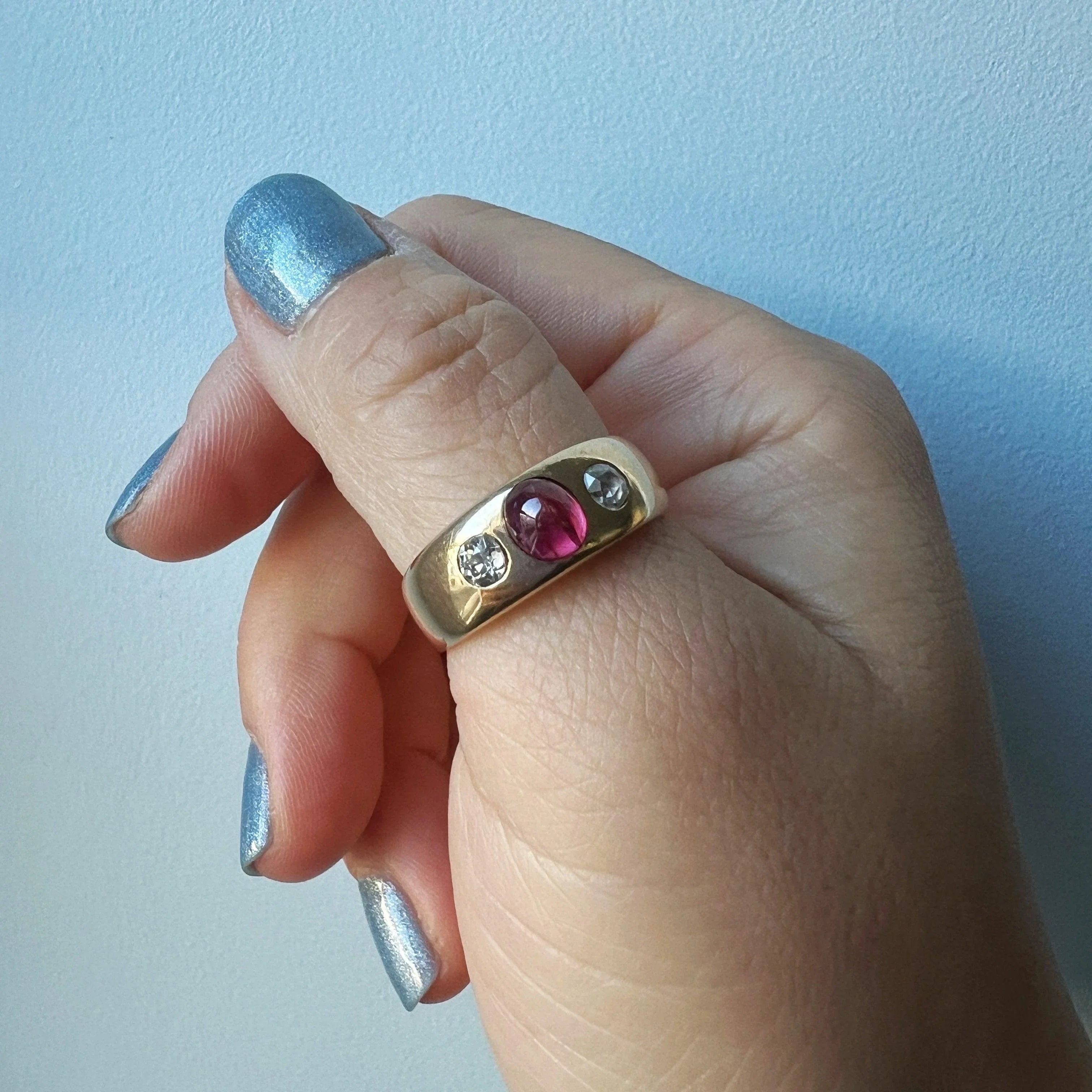 Antique 14K gold pink sapphire diamond three stone gypsy ring - Curiously timeless