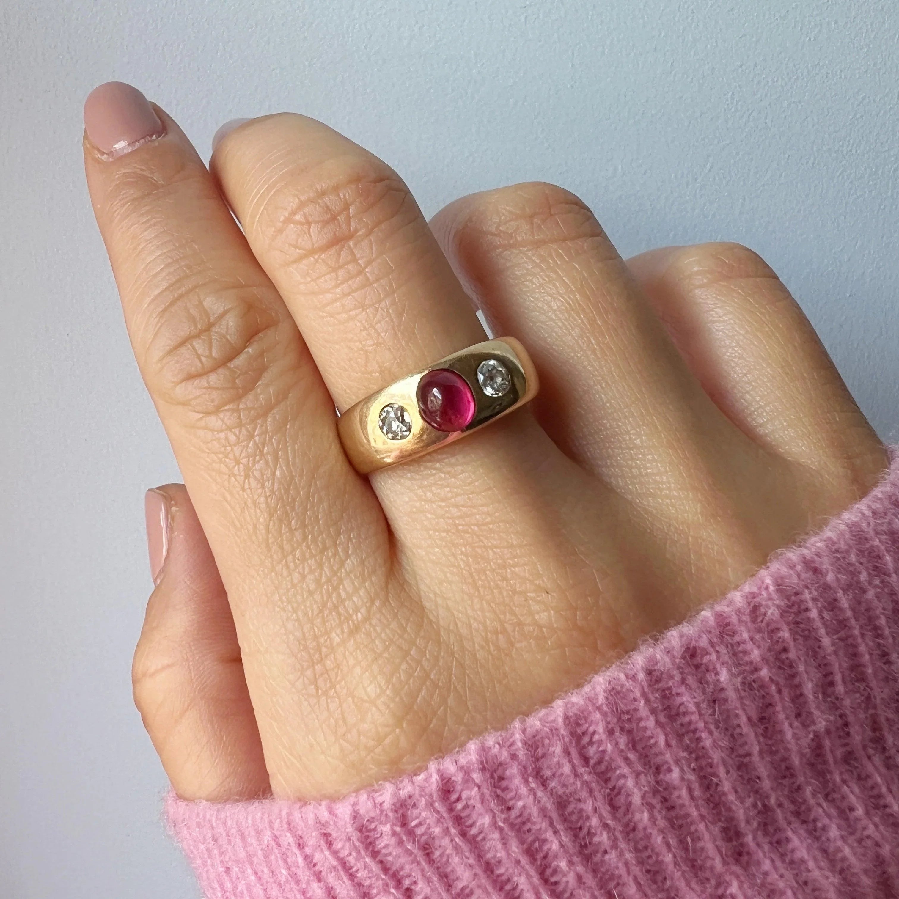 Antique 14K gold pink sapphire diamond three stone gypsy ring - Curiously timeless